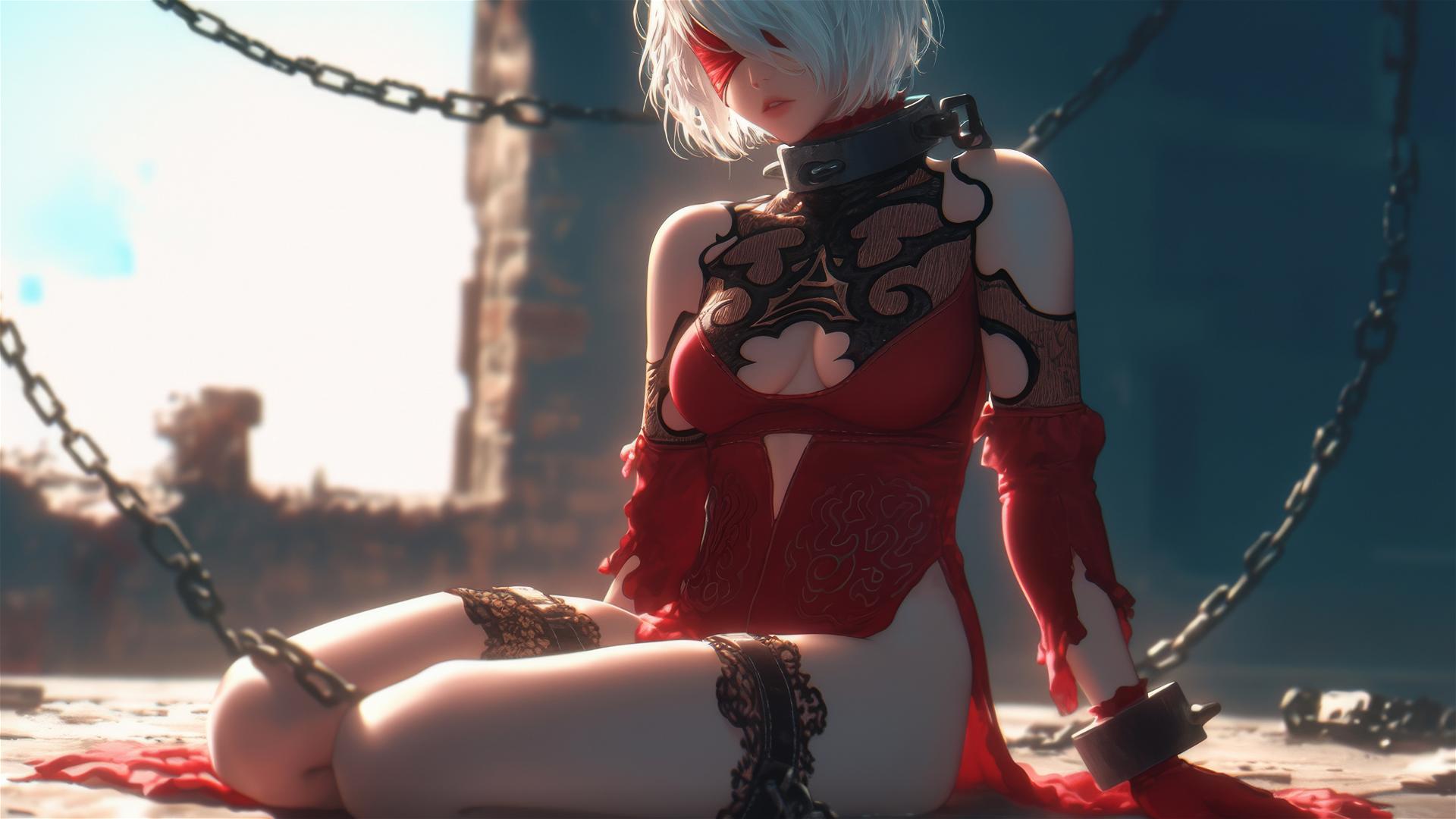 2B from Nier in a modern apartment tub, neck locked with iron chains, wearing red.