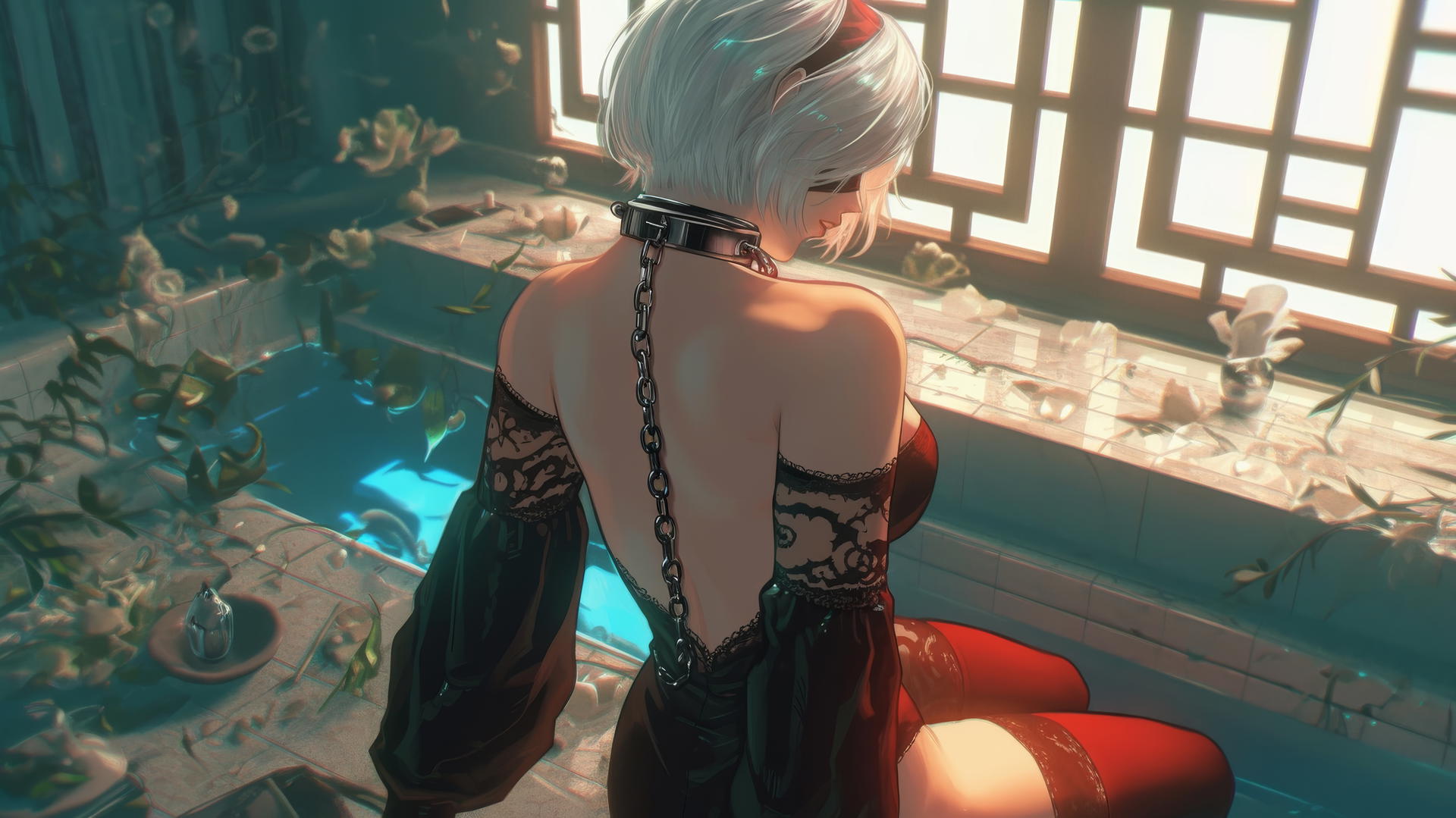 2B from Nier, back view, neck in thick iron chains, red attire, apartment, soft warm light
