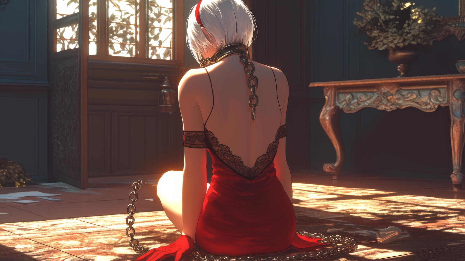 2B from Nier in a red outfit, blindfolded, neck locked with iron chains, in a modern hotel room with warm lighting.