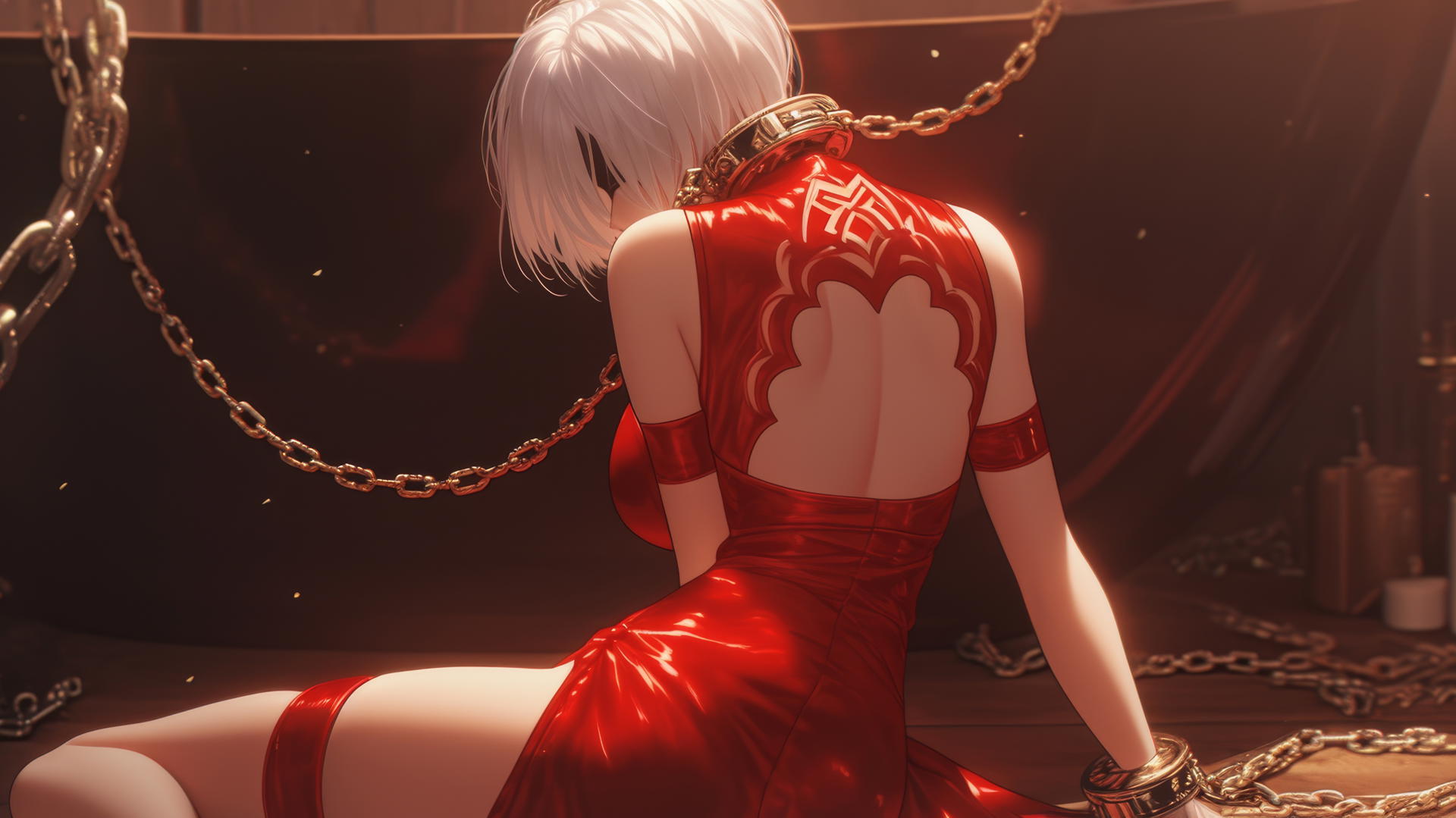 2B from Nier in red outfit with thick iron chains around her neck in a modern apartment with warm lighting.