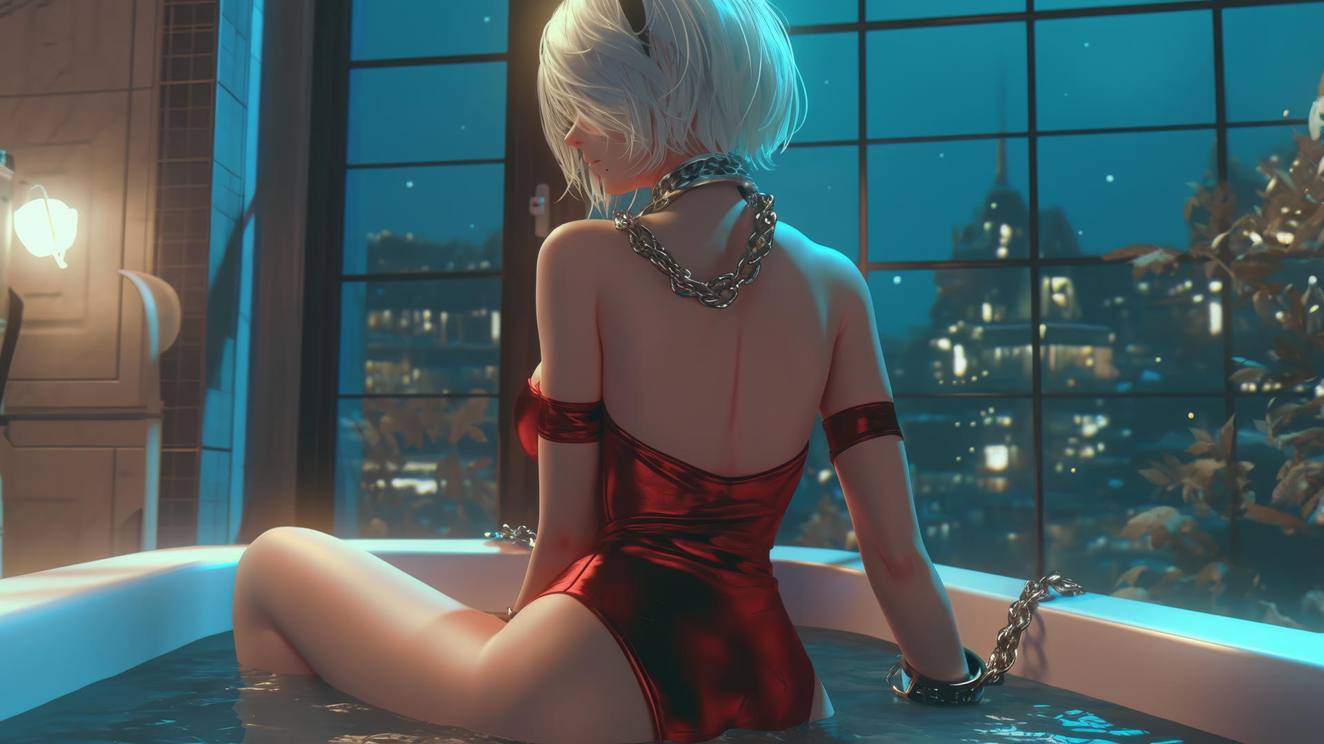 2B from Nier in red, blindfolded, chained, warm light, modern apartment tub
