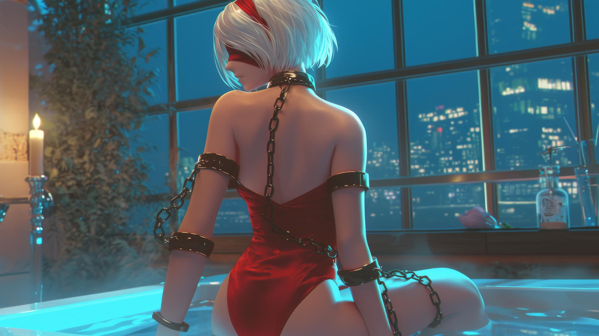 2B from Nier seen from behind with neck locked in thick iron chains, in a warm-lit modern apartment bathtub.