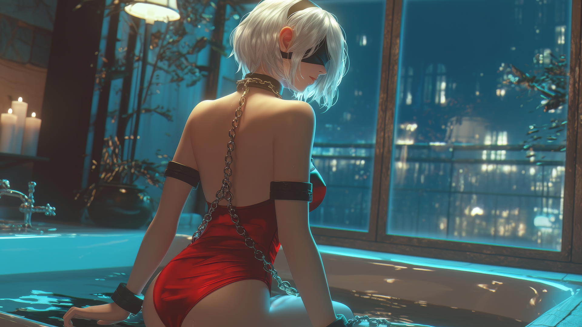 2B from Nier, neck locked with thick iron chains, wearing all red with a blindfold, in a modern apartment bathtub