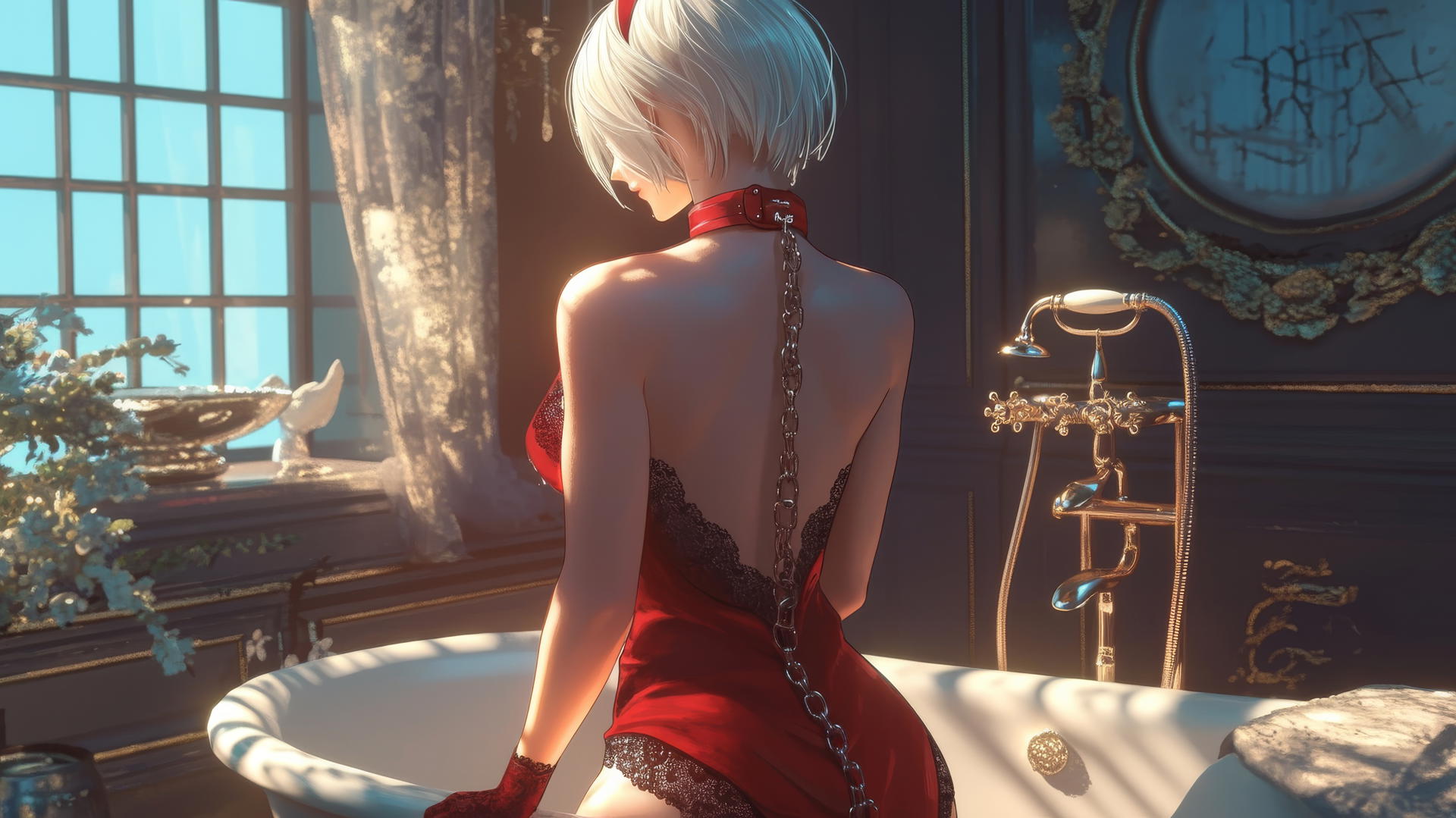 2B from Nier in red, blindfolded, neck chained, in a modern apartment, warm light