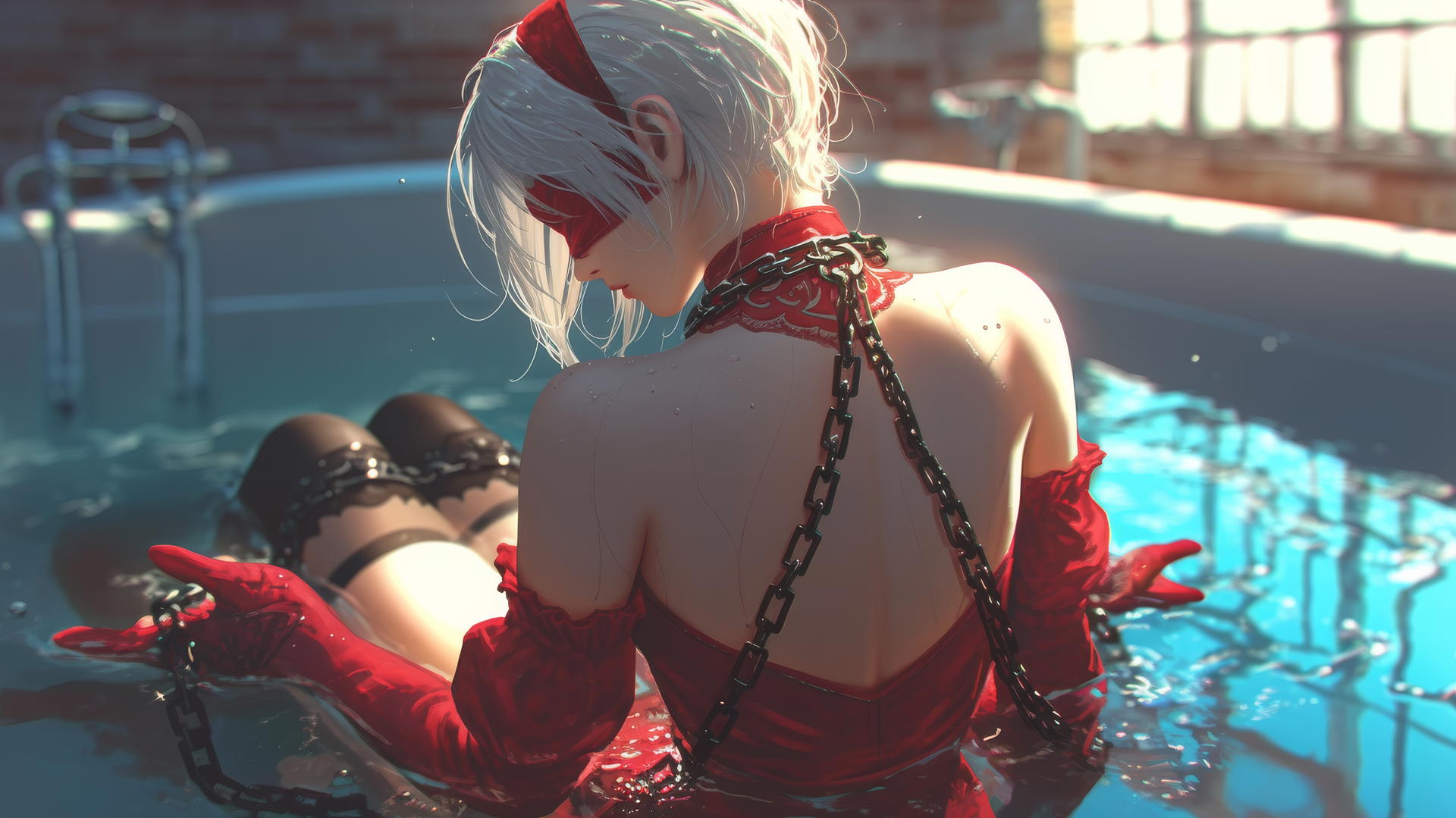 2B from Nier, back view, neck locked with thick iron chains, wearing red, in a modern apartment, soft warm light.