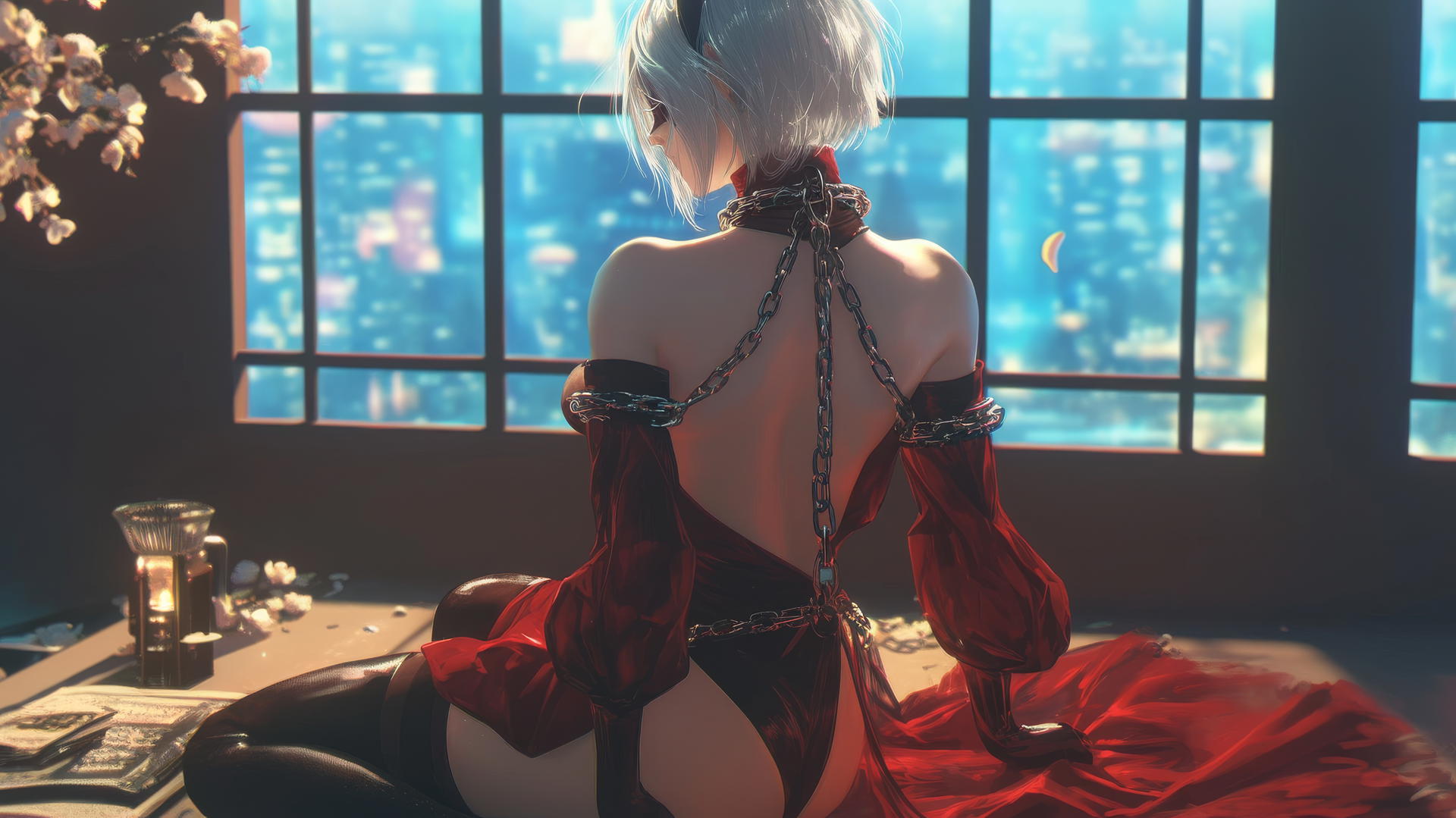 2B from Nier in red outfit, blindfolded, neck chained, warm glow