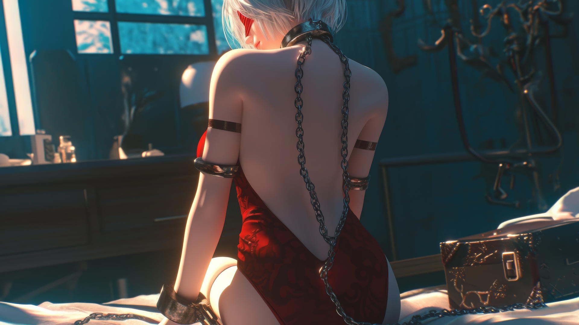 2B from Nier in red outfit and blindfold, chained by neck, warm glowing light