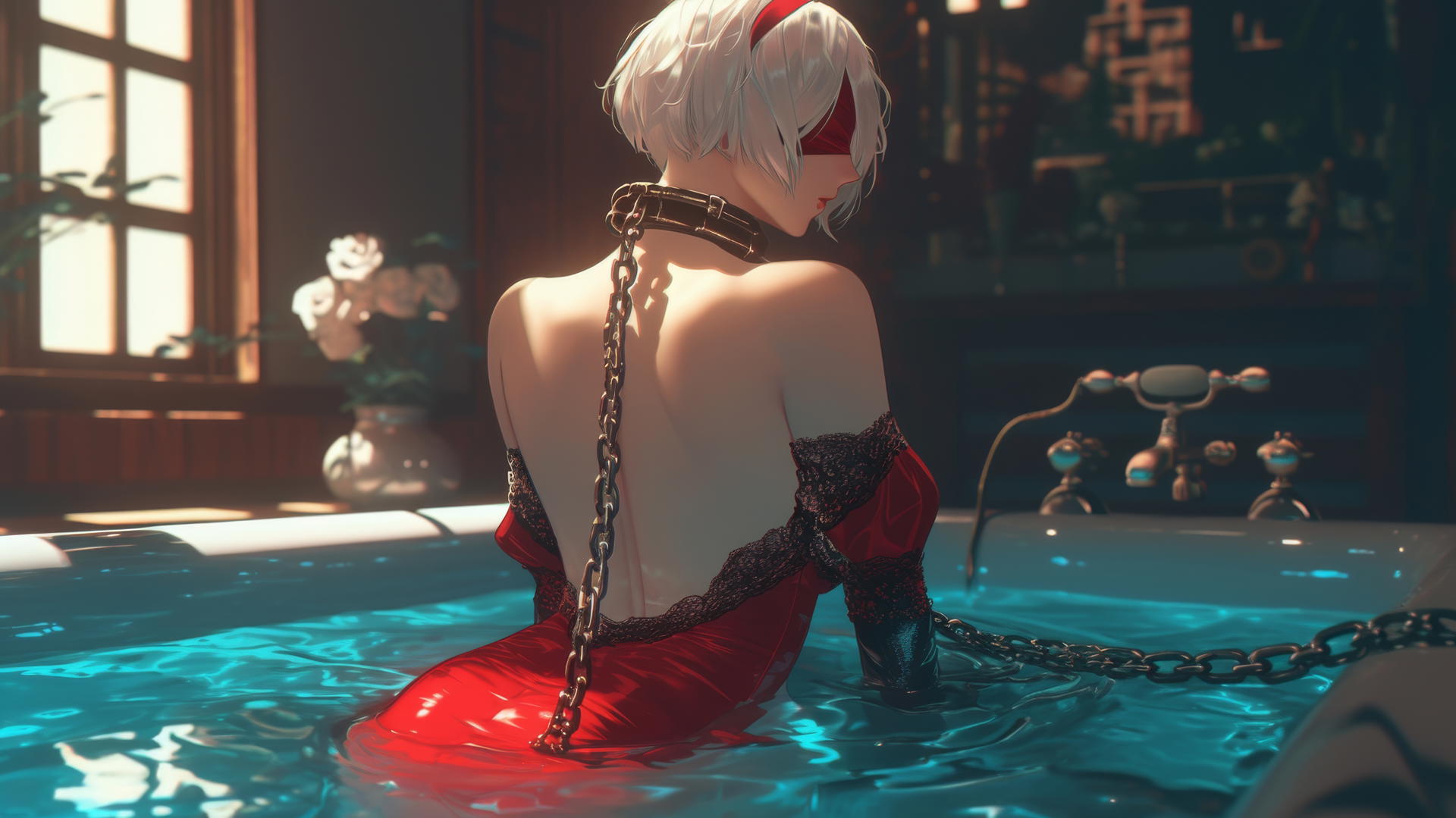 2B from Nier, neck locked with iron chains, in red attire, at modern apartment tub.