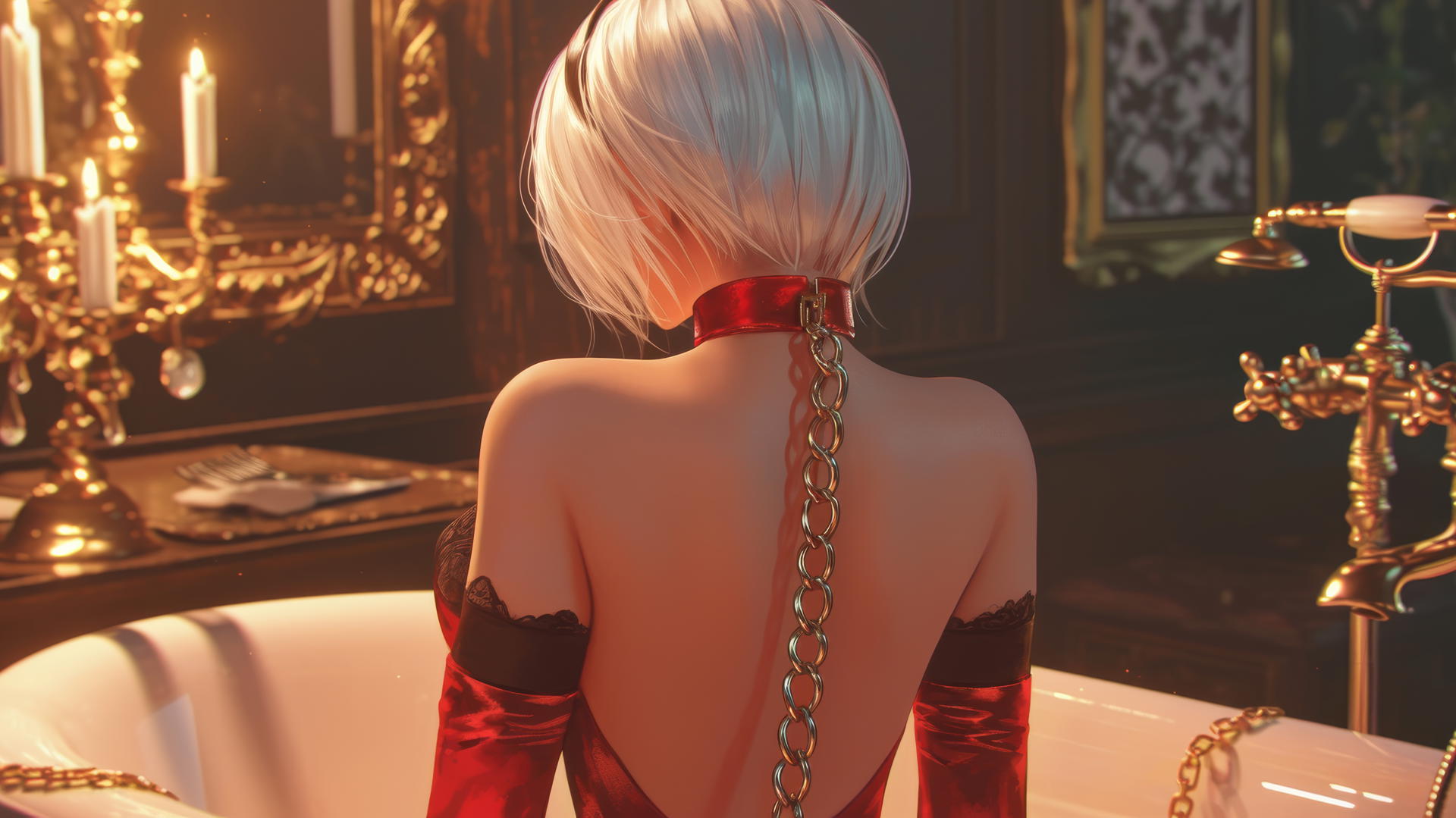 2B from Nier with iron chains around her neck and a red blindfold, in a modern apartment with warm lighting