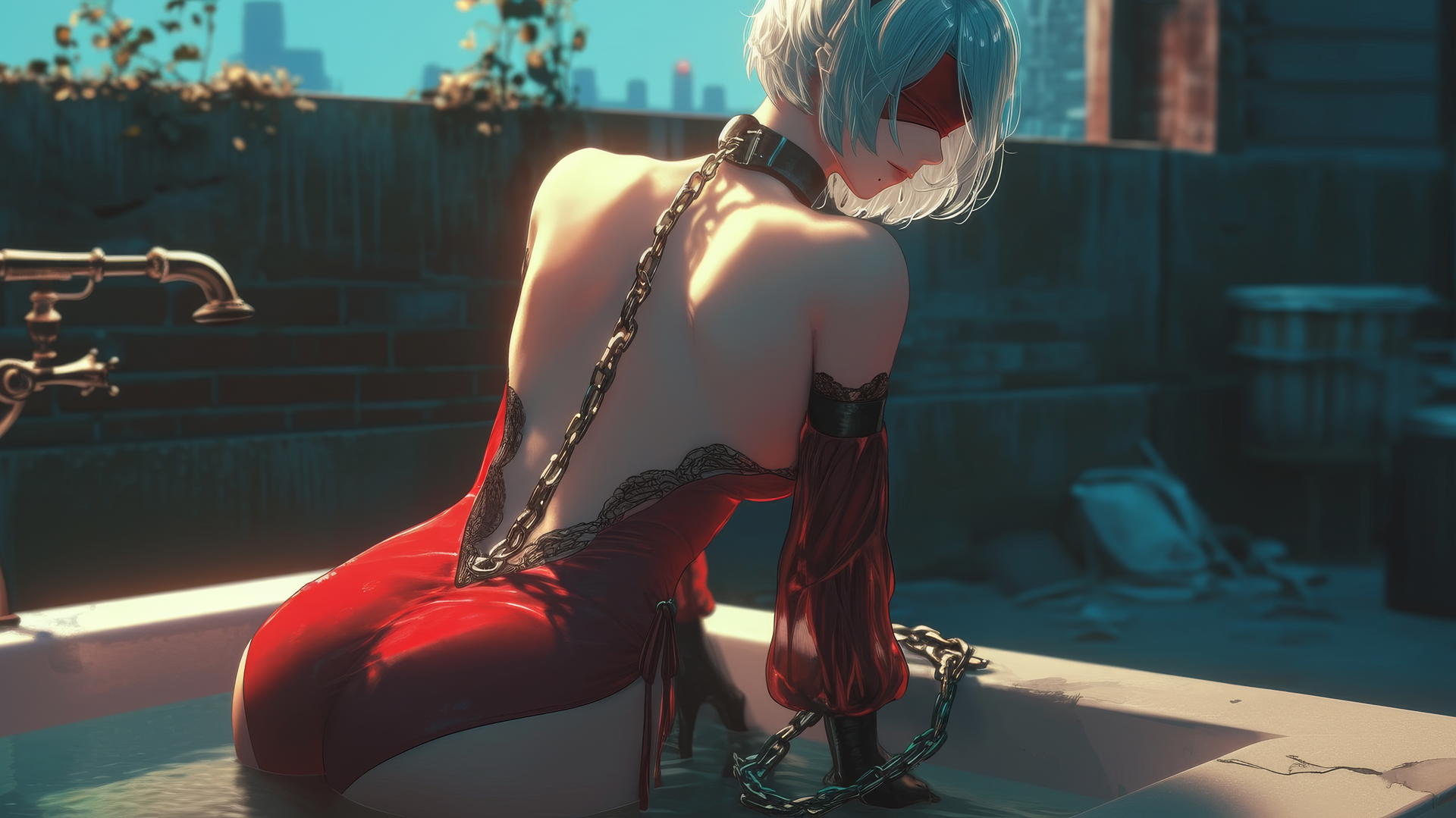 2B from Nier in red with neck chained, wearing blindfold, in a modern apartment.