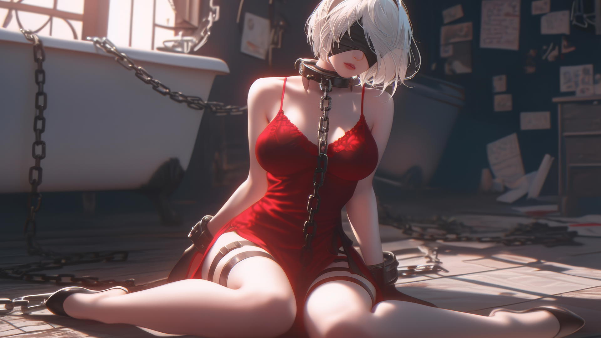 2B from Nier, in red, with neck in thick iron chains, blindfolded, in modern apartment tub with warm light.