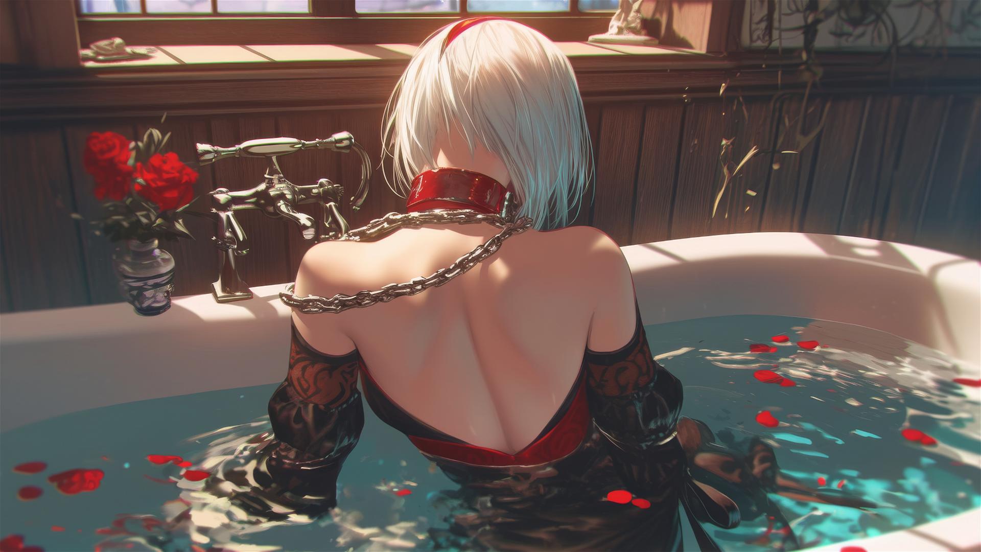 2B from Nier chained by the neck, in a modern hotel room with warm lighting, all red outfit and blindfold.