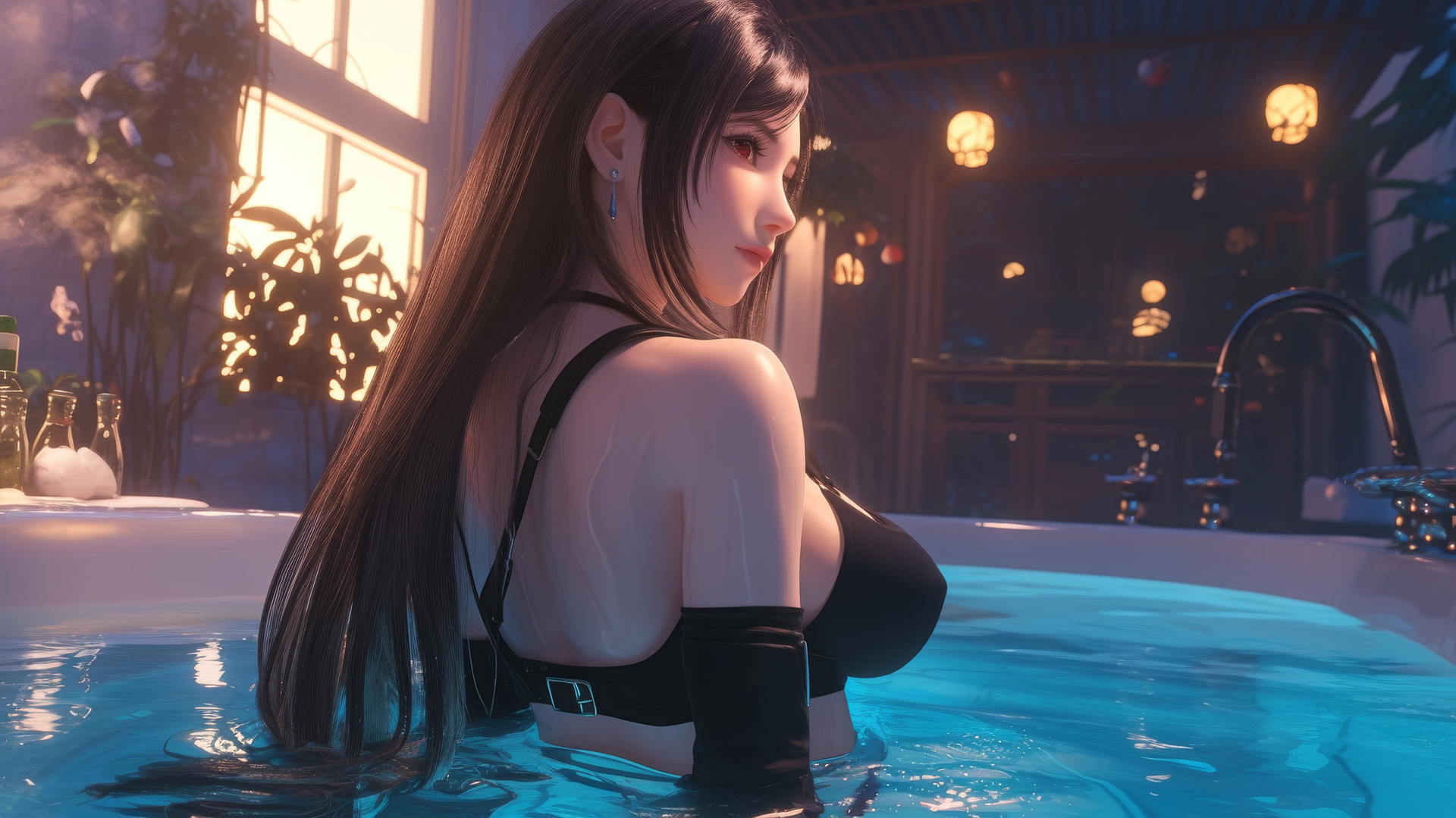 Tifa Lockhart from Final Fantasy standing by a tub in a modern apartment with soft warm light