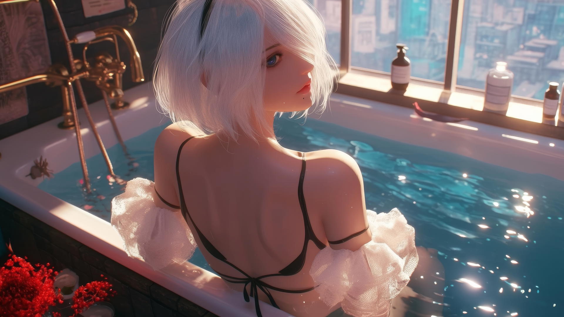 2B from Nier facing away, in a modern apartment with warm light