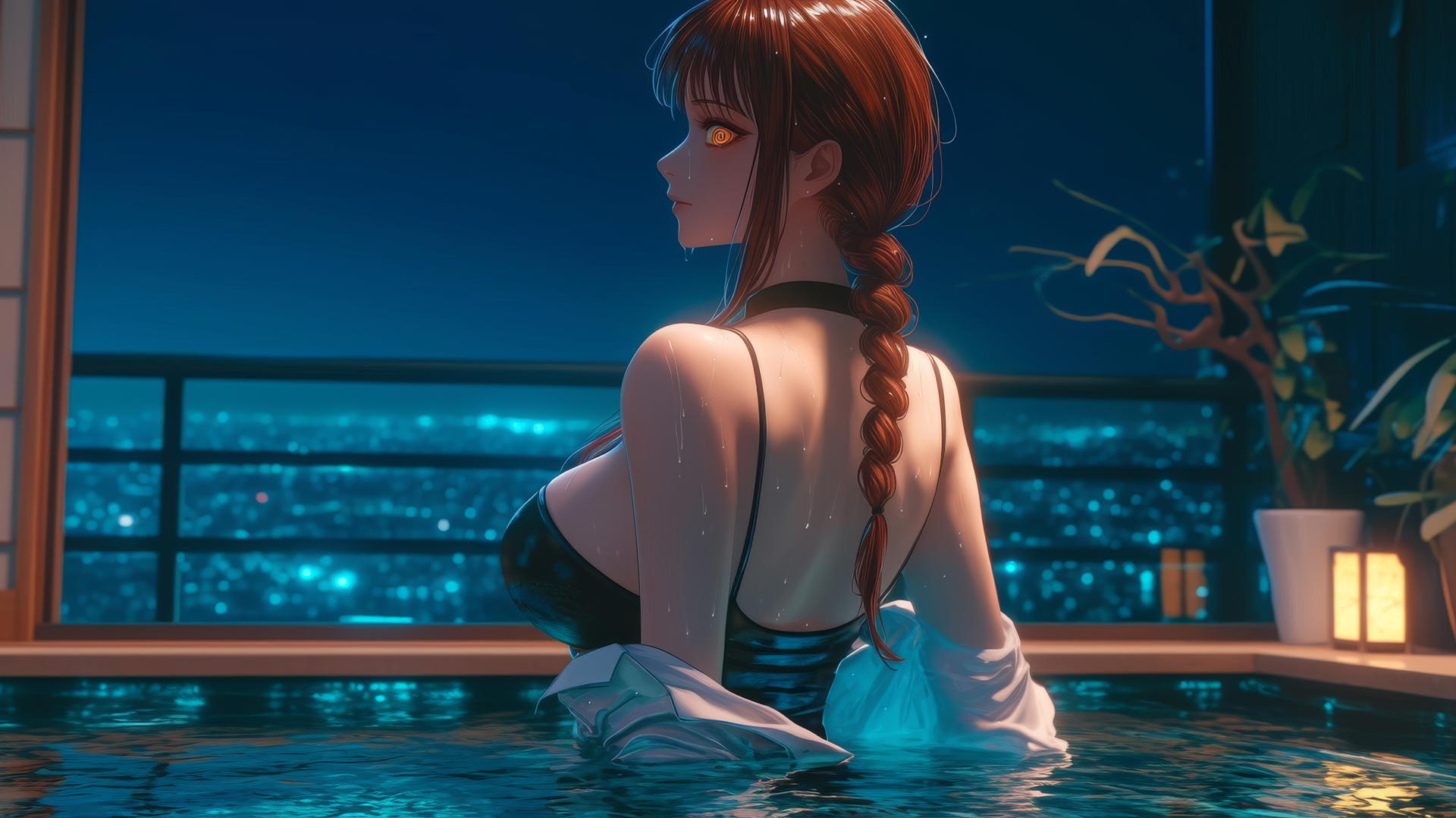 Makima from Chainsaw Man looking towards a tub in a modern apartment with warm light casting a soft glow on her figure.