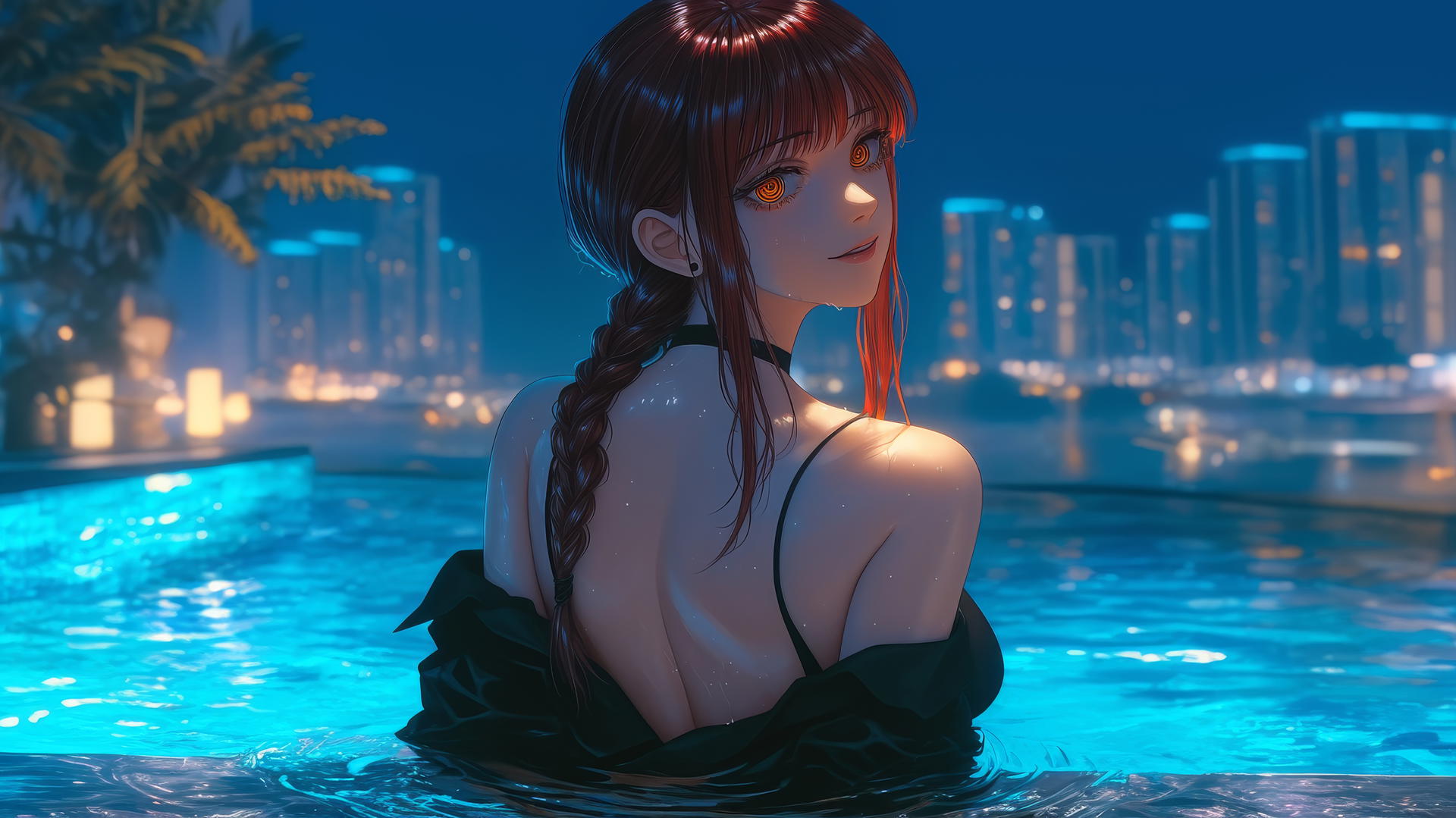 Makima from Chainsaw Man from behind in a modern apartment with warm light