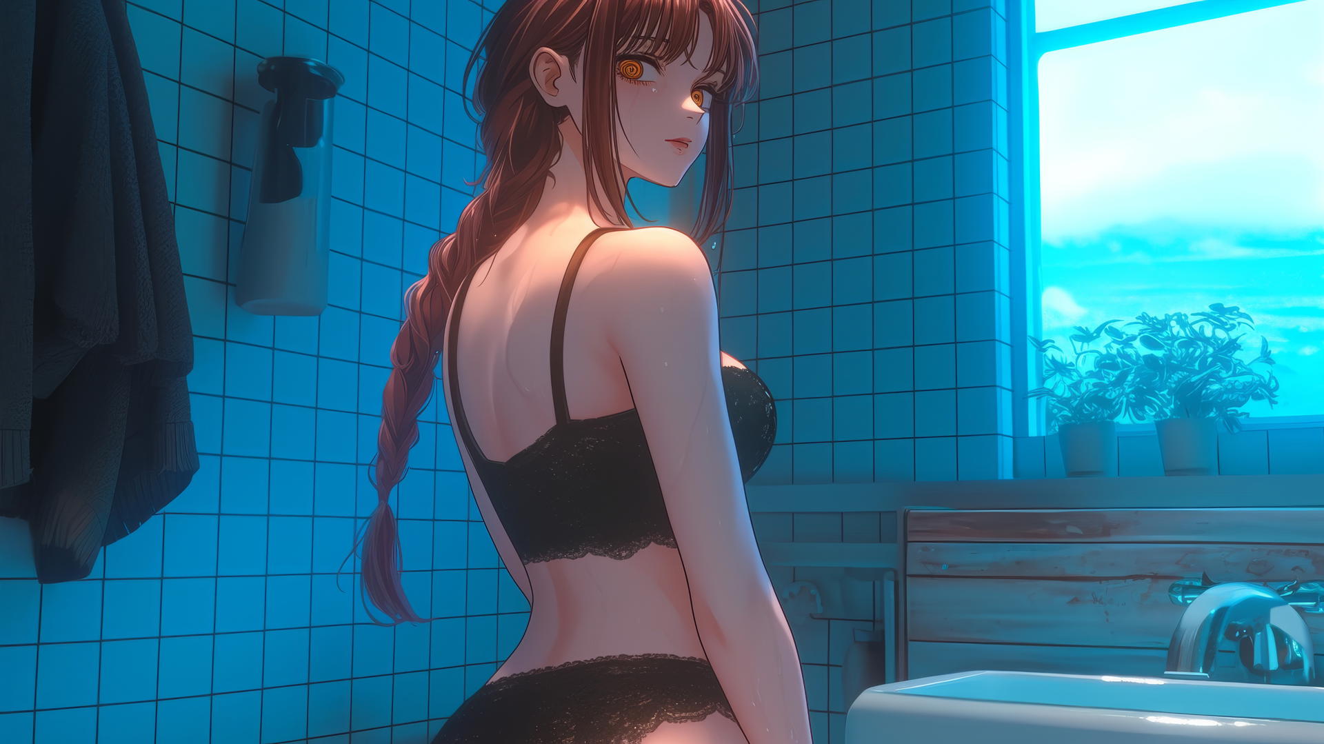 Makima from Chainsaw Man, viewed from behind in a modern apartment, with warm light glowing.