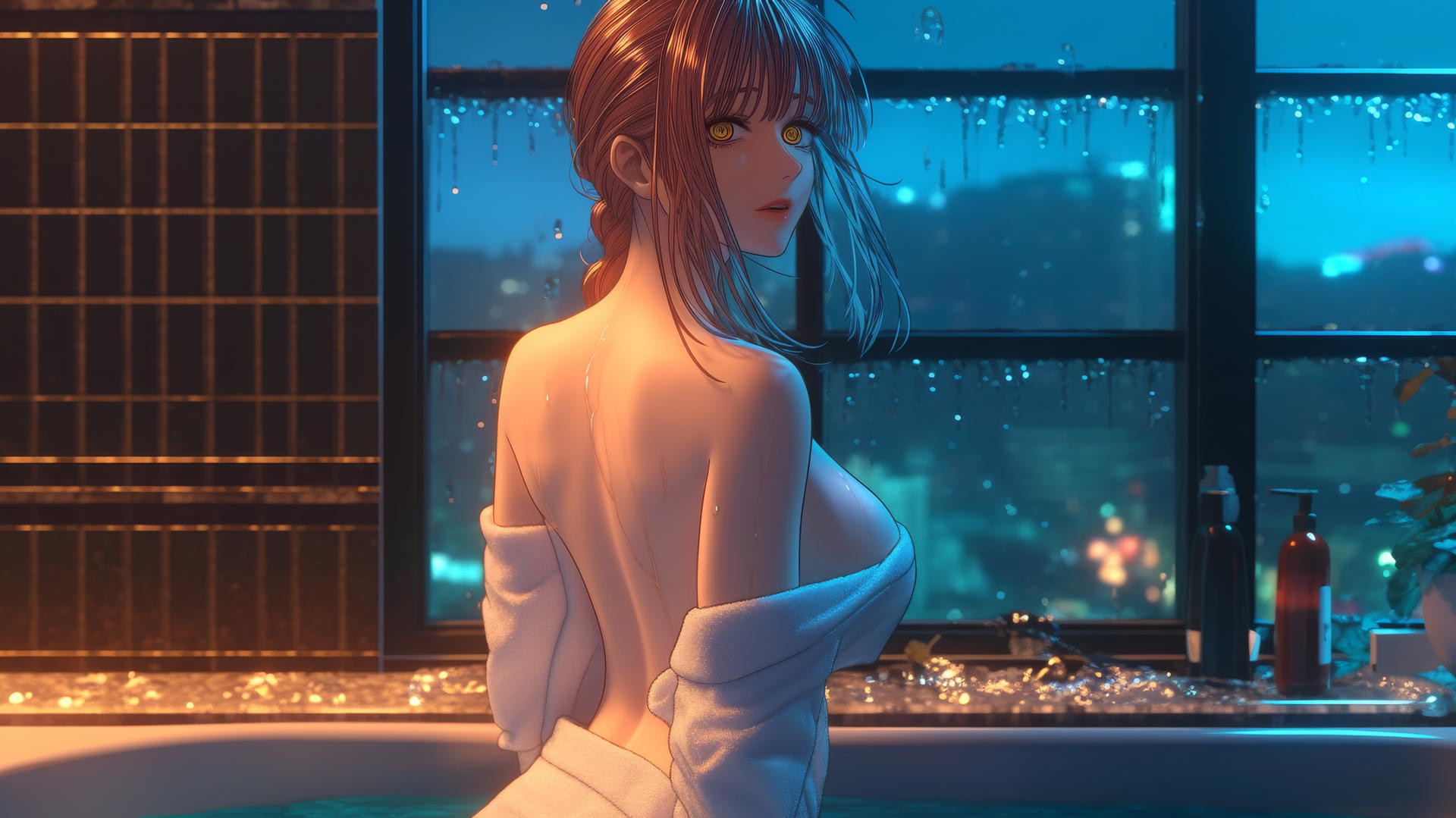 Makima from Chainsaw Man viewed from behind in a modern apartment tub with warm light.