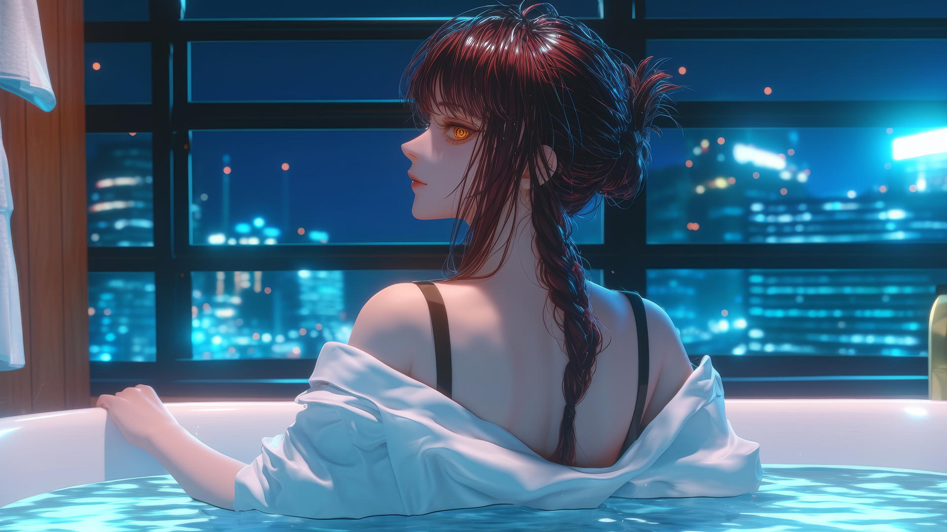 Makima from Chainsaw Man, seen from behind wearing white in a modern apartment bathtub, warm light glow.
