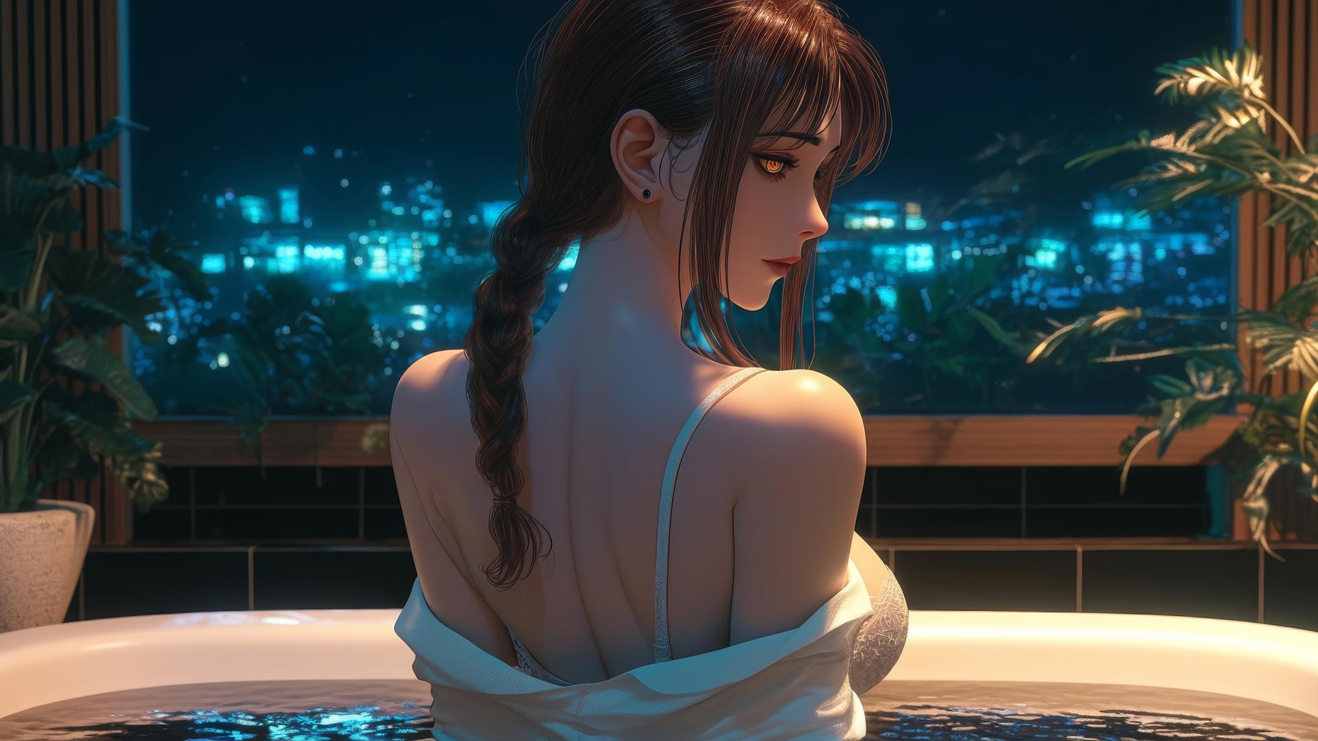 Makima from Chainsaw Man, viewed from behind, wearing white in a modern apartment's tub with warm light glow.