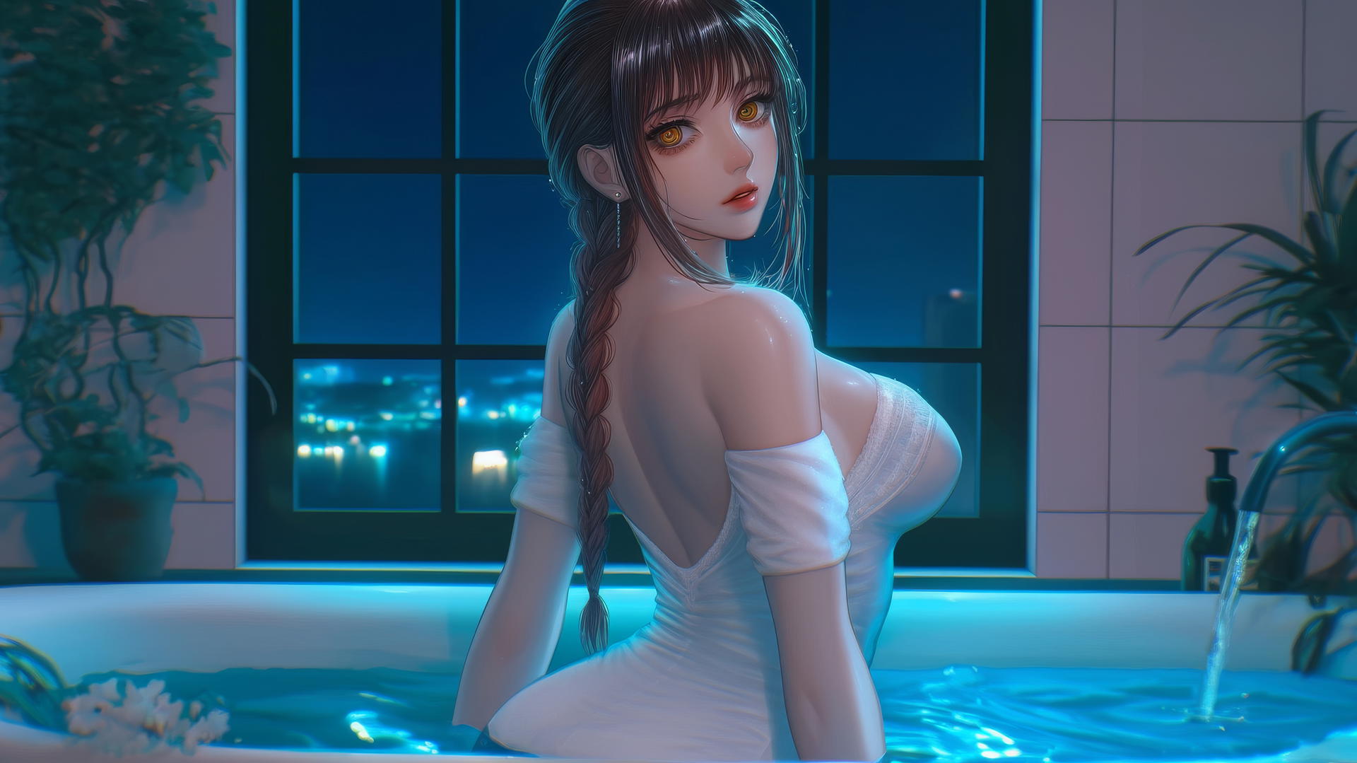 Makima from Chainsaw Man seen from behind, in white, with warm light in a modern apartment tub.