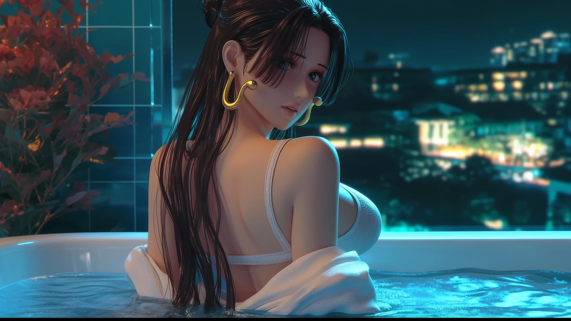 Boa Hancock from One Piece in white at a tub in a modern apartment, warm light glow.