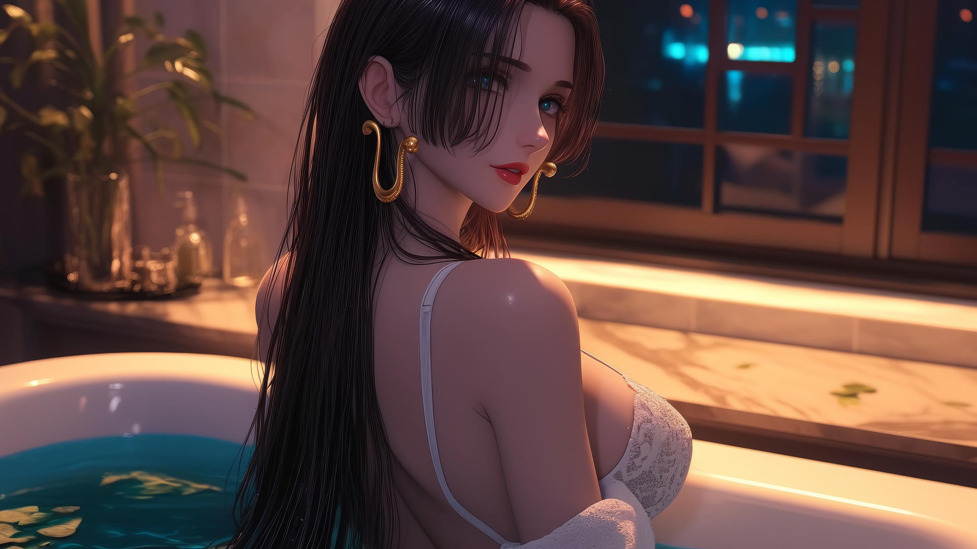 Boa Hancock from One Piece in white at a tub in modern apartment, warm light glow