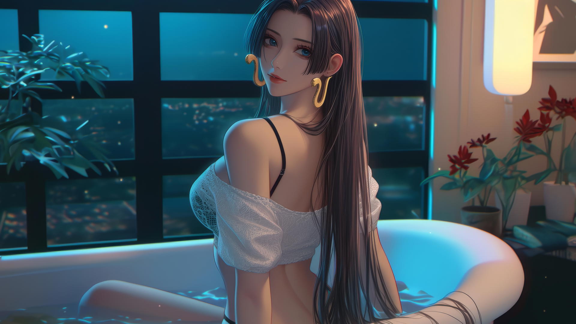 Boa Hancock from One Piece, seen from behind in a white outfit, in a modern apartment tub, with warm light glow.