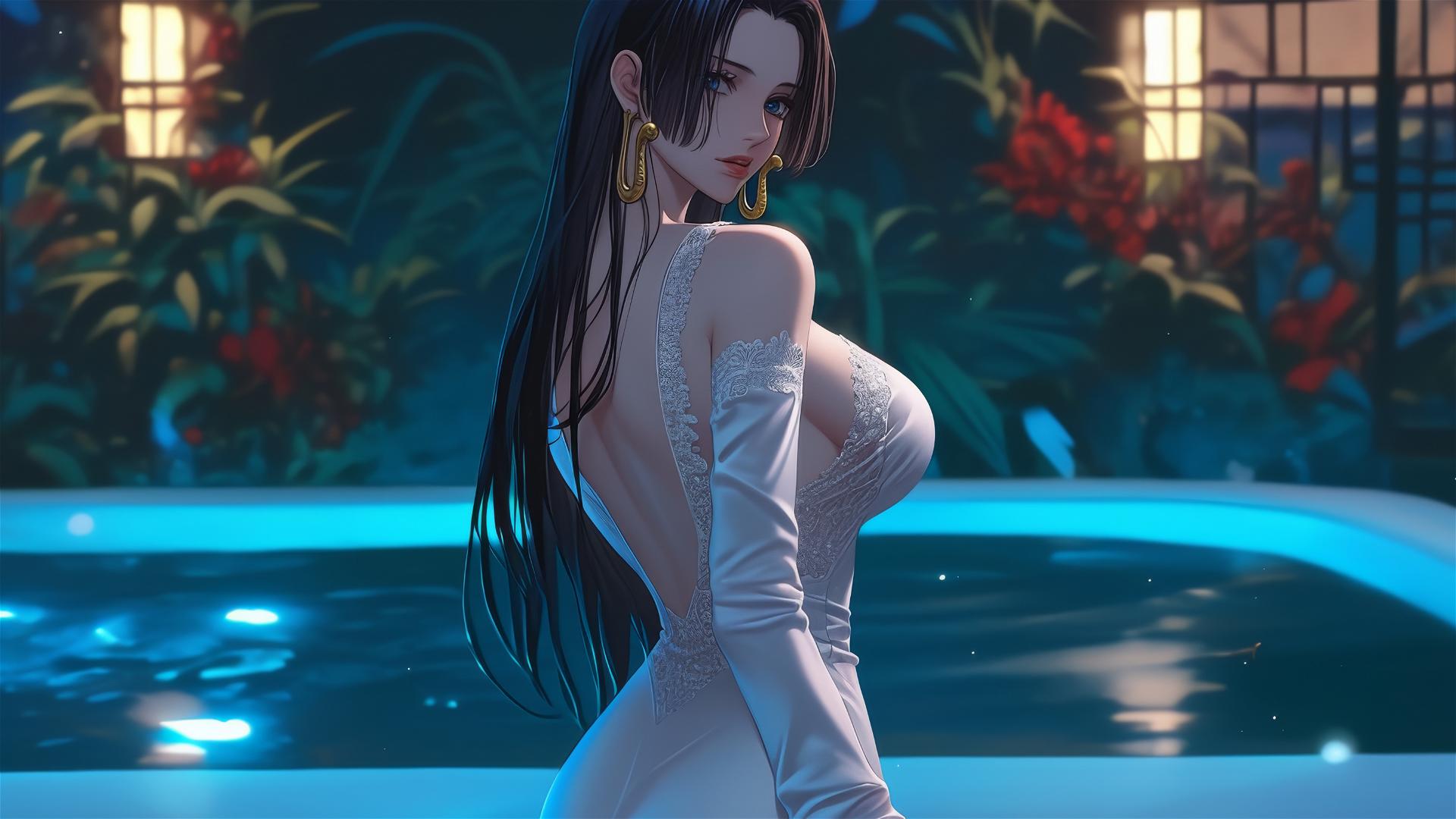 Boa Hancock from One Piece, in white, at tub in modern apartment, warm glow