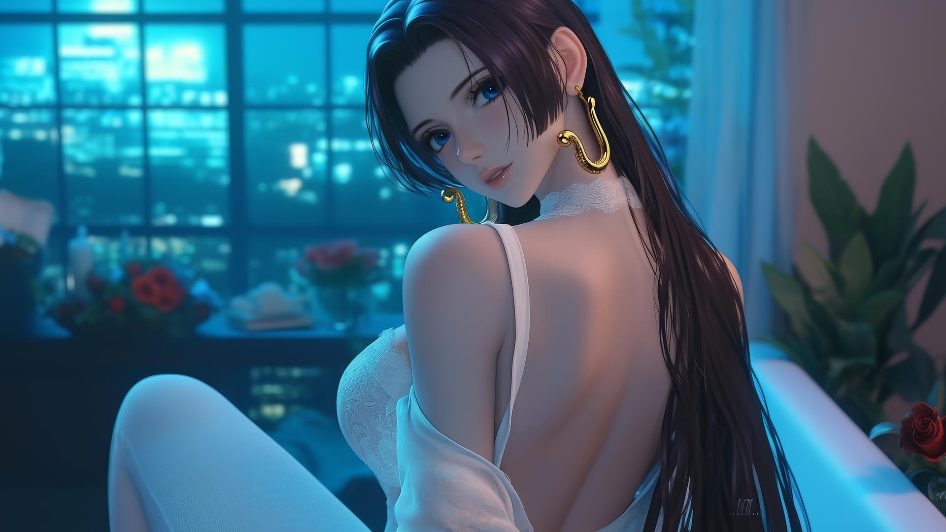Boa Hancock from One Piece in a white outfit at a tub in a modern apartment with warm light