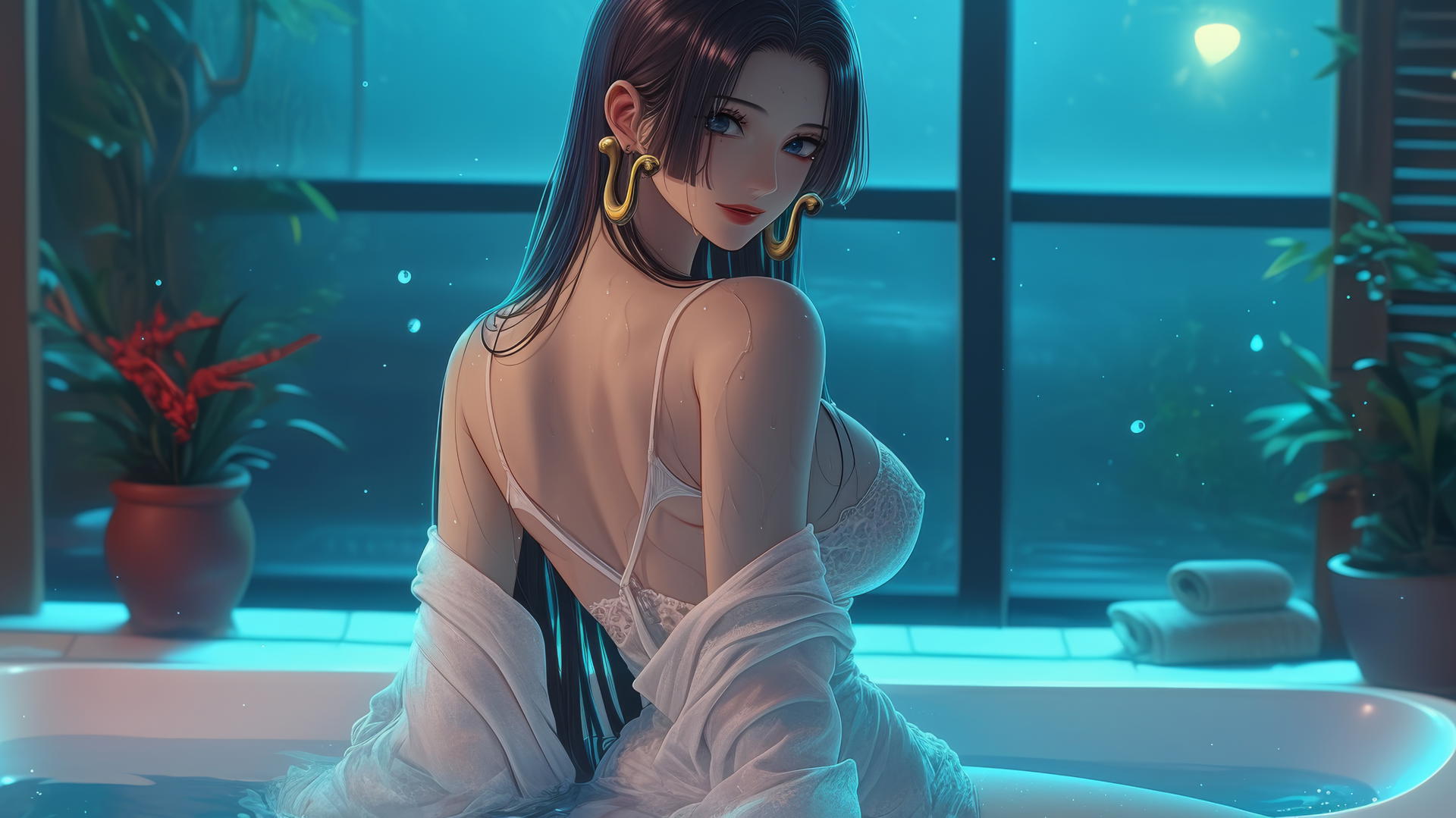 Boa Hancock from One Piece in a white outfit, standing at a tub in a modern apartment with warm light.