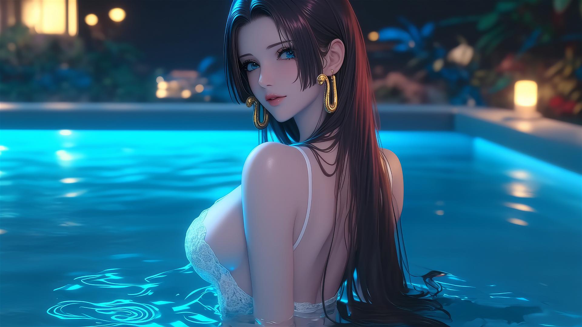 Boa Hancock from One Piece, white outfit, modern apartment tub, warm light