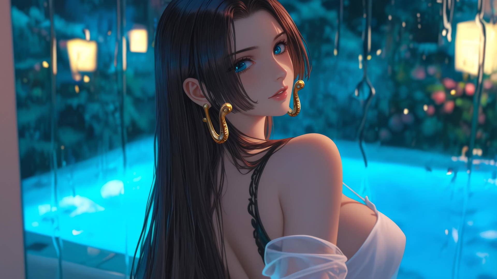 Boa Hancock from One Piece, viewed from behind in a white outfit at a tub in a modern apartment with warm, soft lighting.