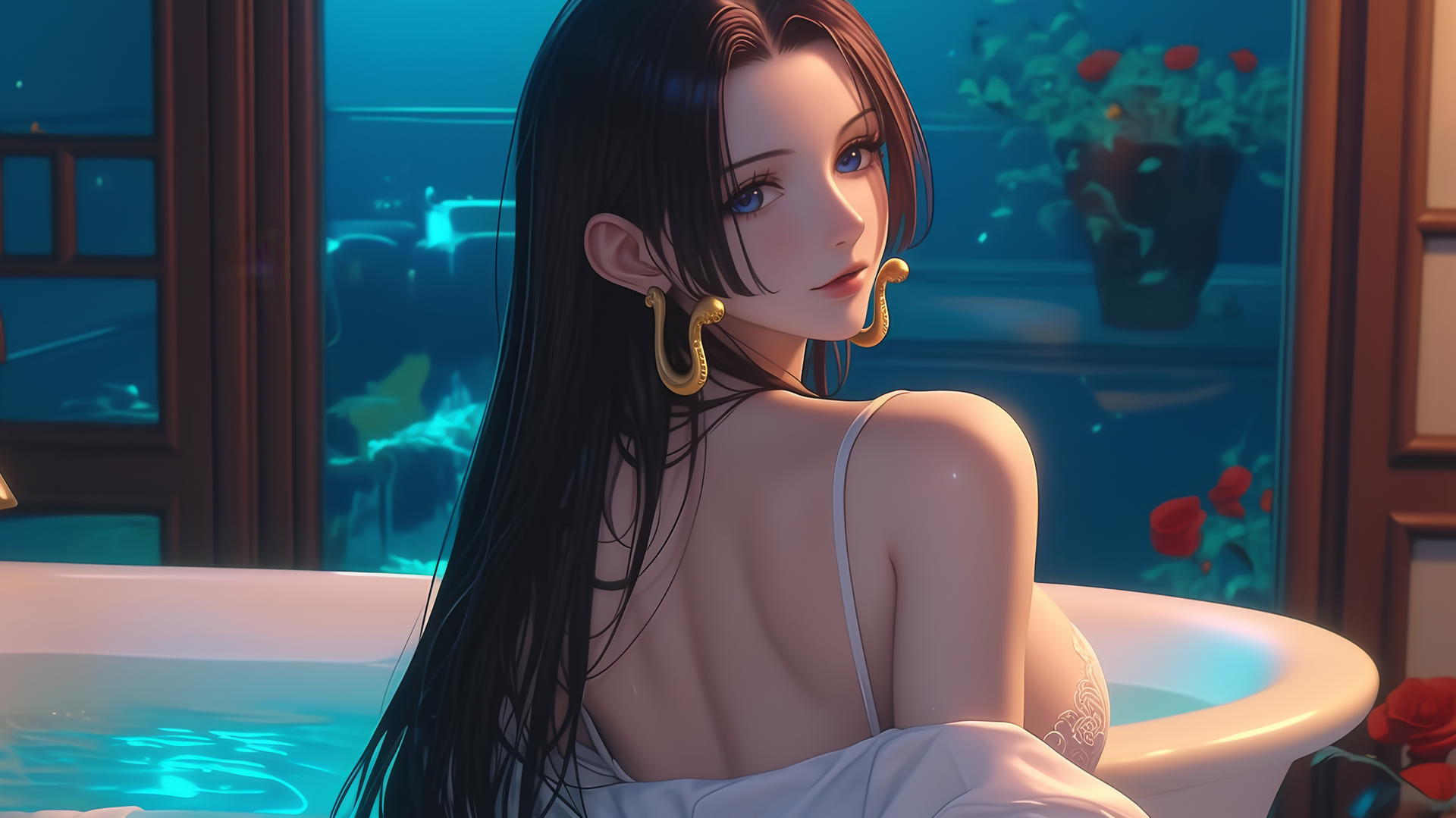 Boa Hancock from One Piece seen from behind in a modern apartment tub with warm light.