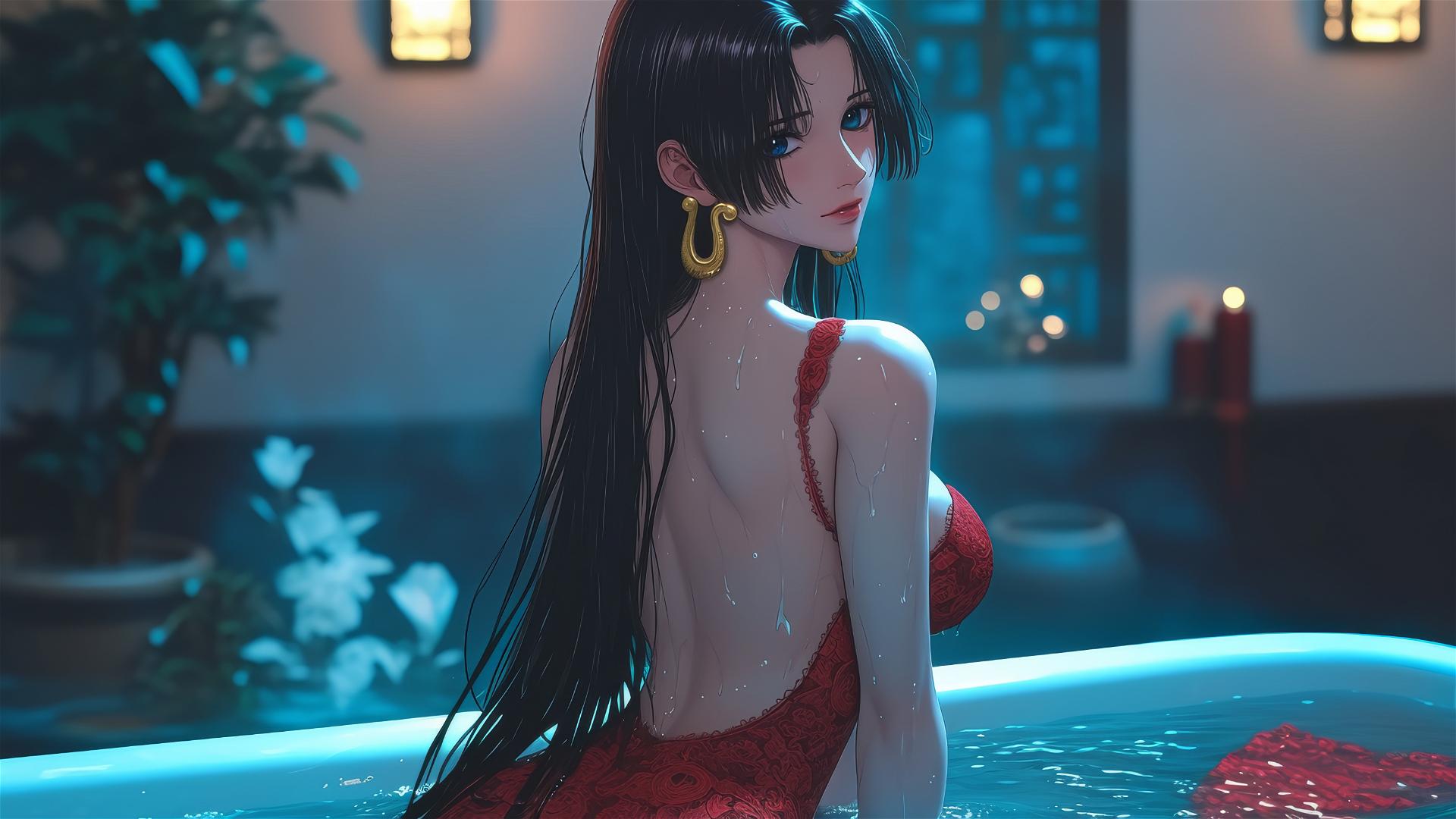 Boa Hancock from One Piece, in red, at a tub in a modern apartment, warm light