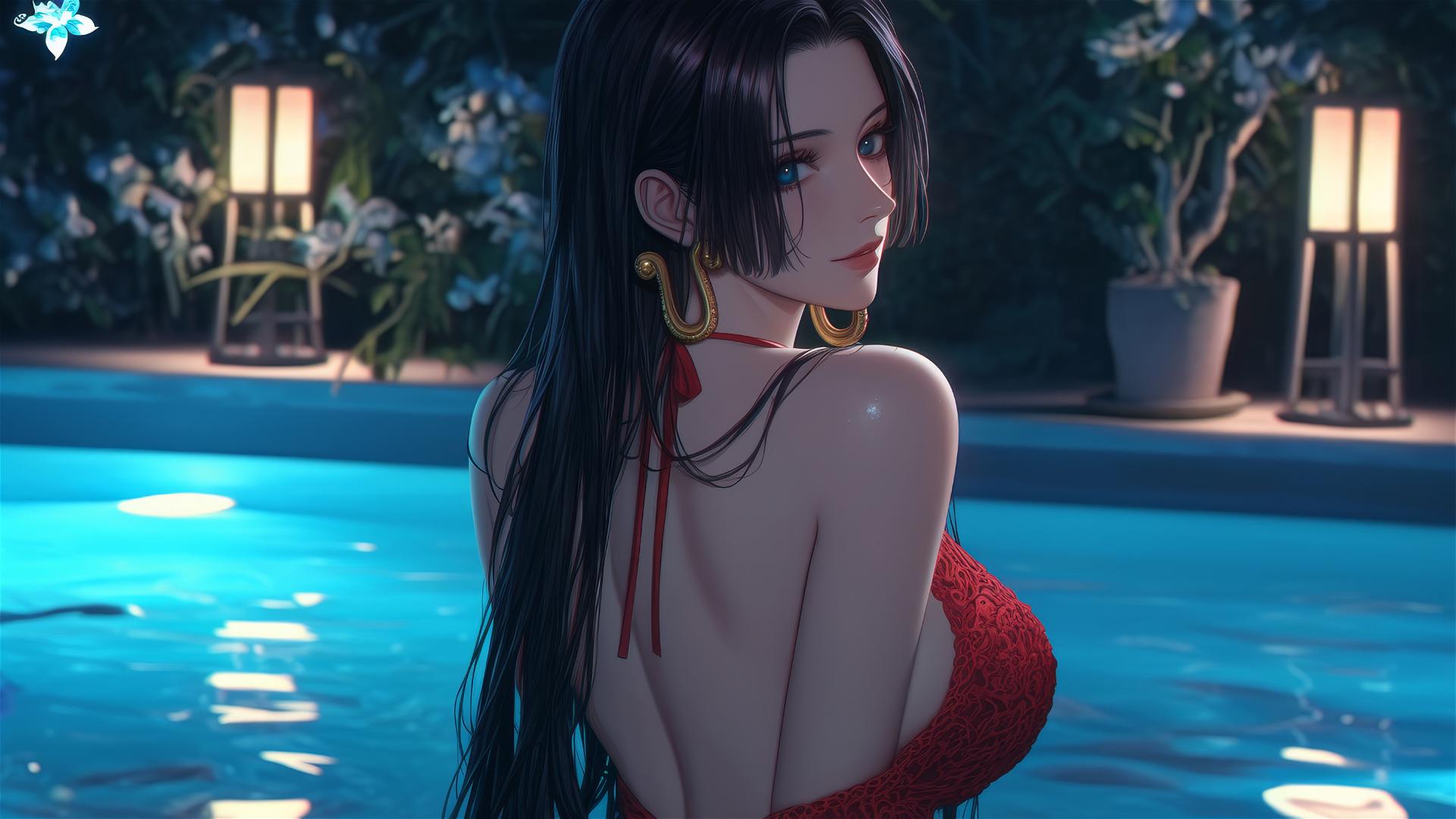 Boa Hancock from One Piece, wearing red, in a modern apartment bathtub with warm light.