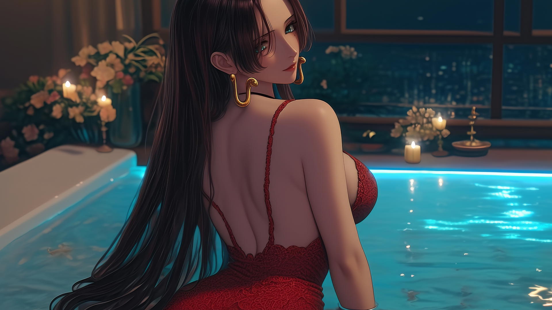 Boa Hancock from One Piece in a modern apartment bathtub, wearing red, softly lit.