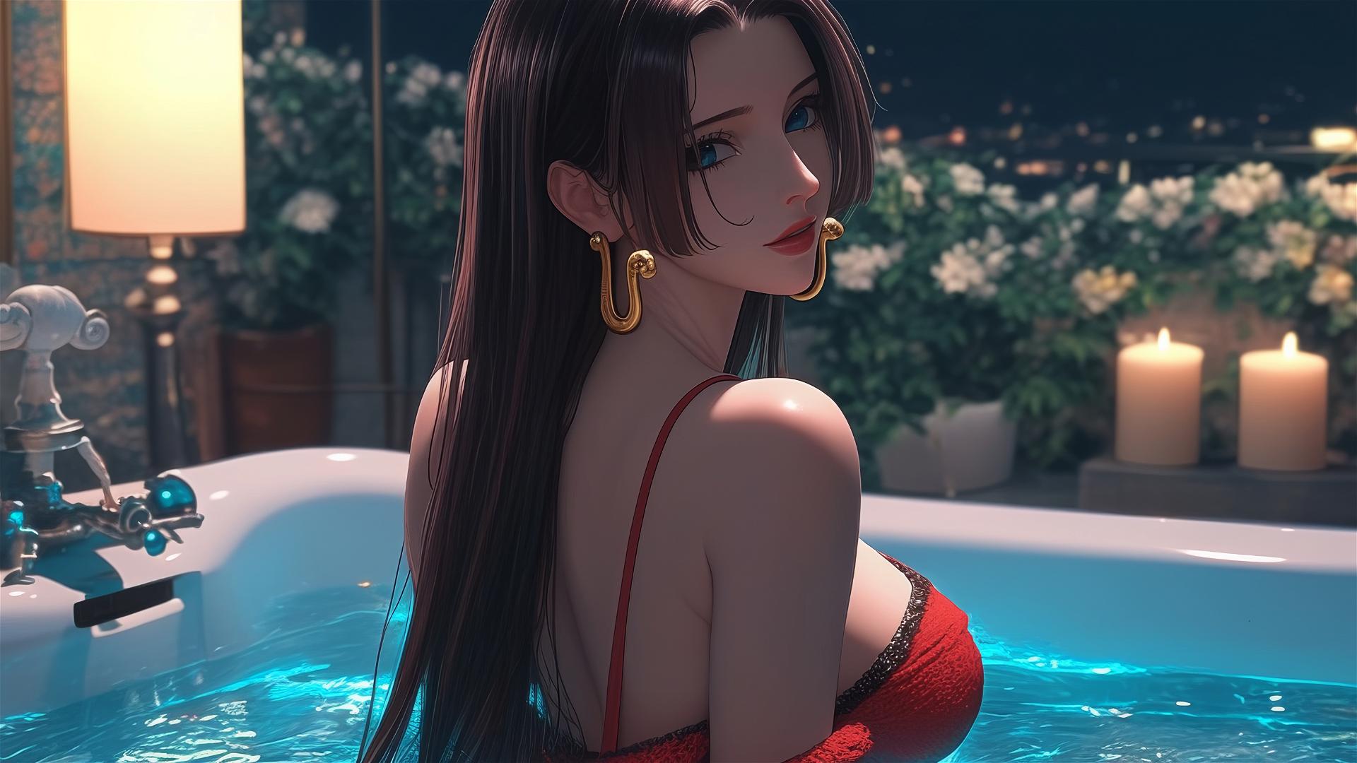 Boa Hancock from One Piece in red, seen from behind, in a modern apartment tub with warm light.