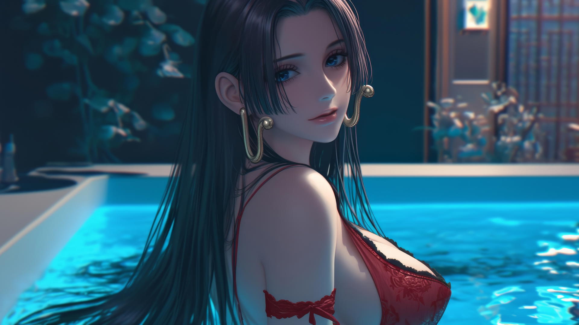 Boa Hancock from One Piece in red at a tub, modern apartment, warm light