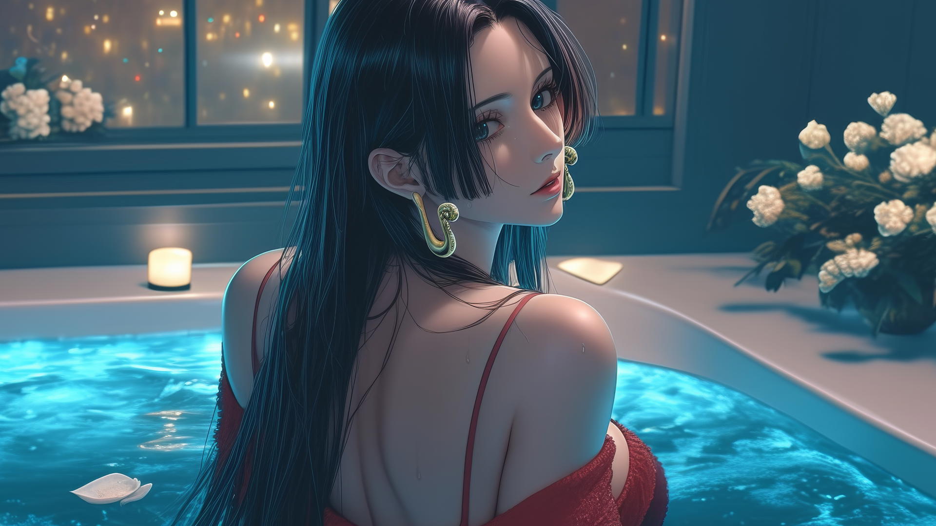 Boa Hancock from One Piece standing in a modern apartment, warm light glow