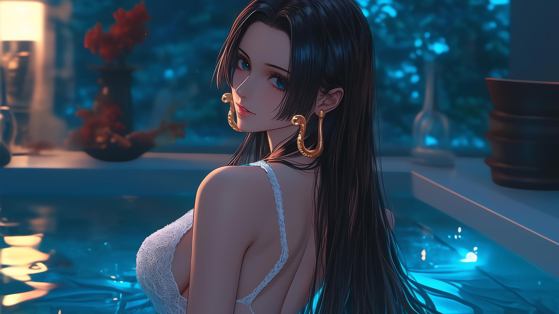 Boa Hancock from One Piece in white, at a tub in a modern apartment during sunrise.