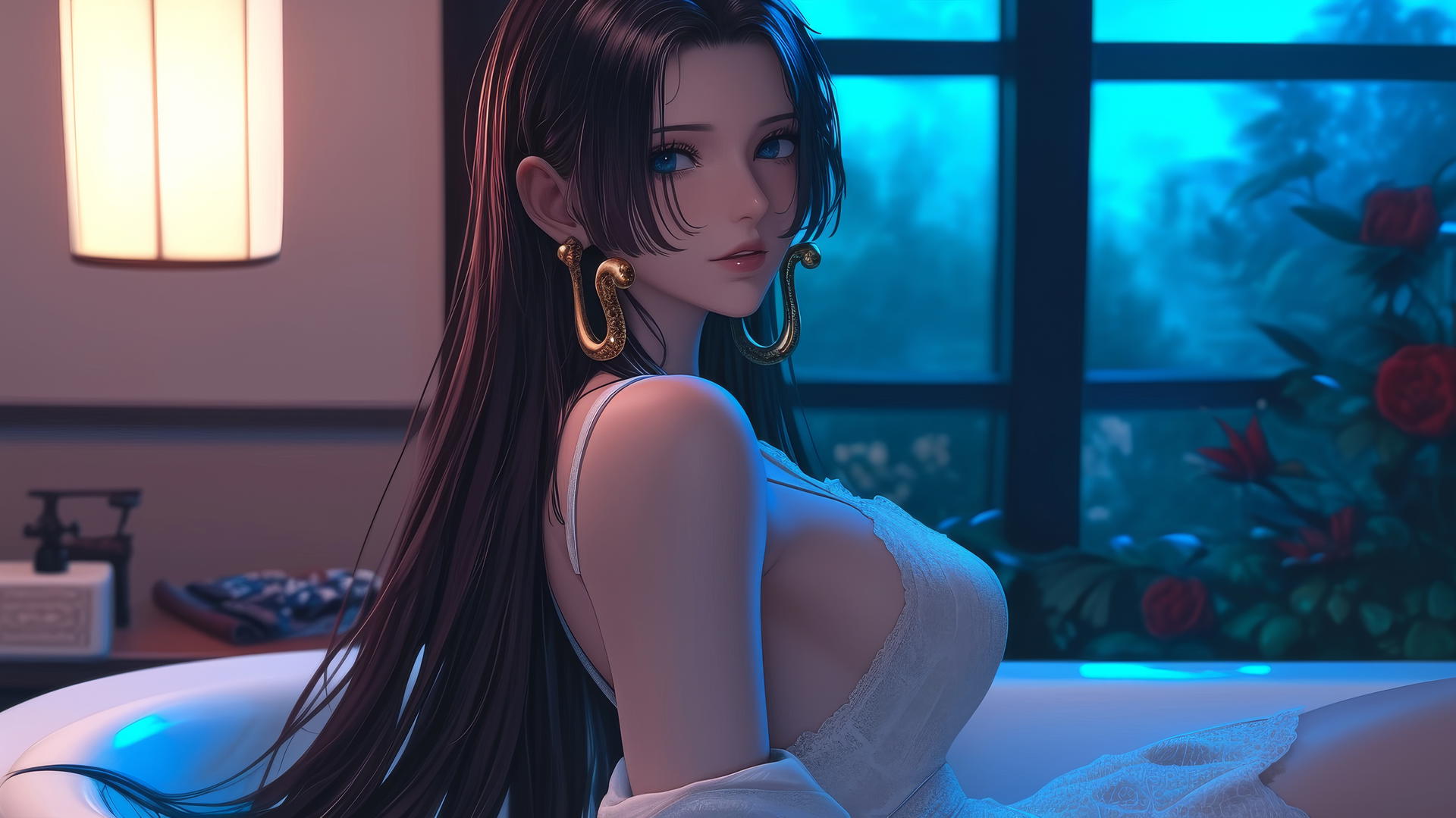 Boa Hancock from One Piece, in white, viewed from behind in a modern apartment's tub at sunrise.