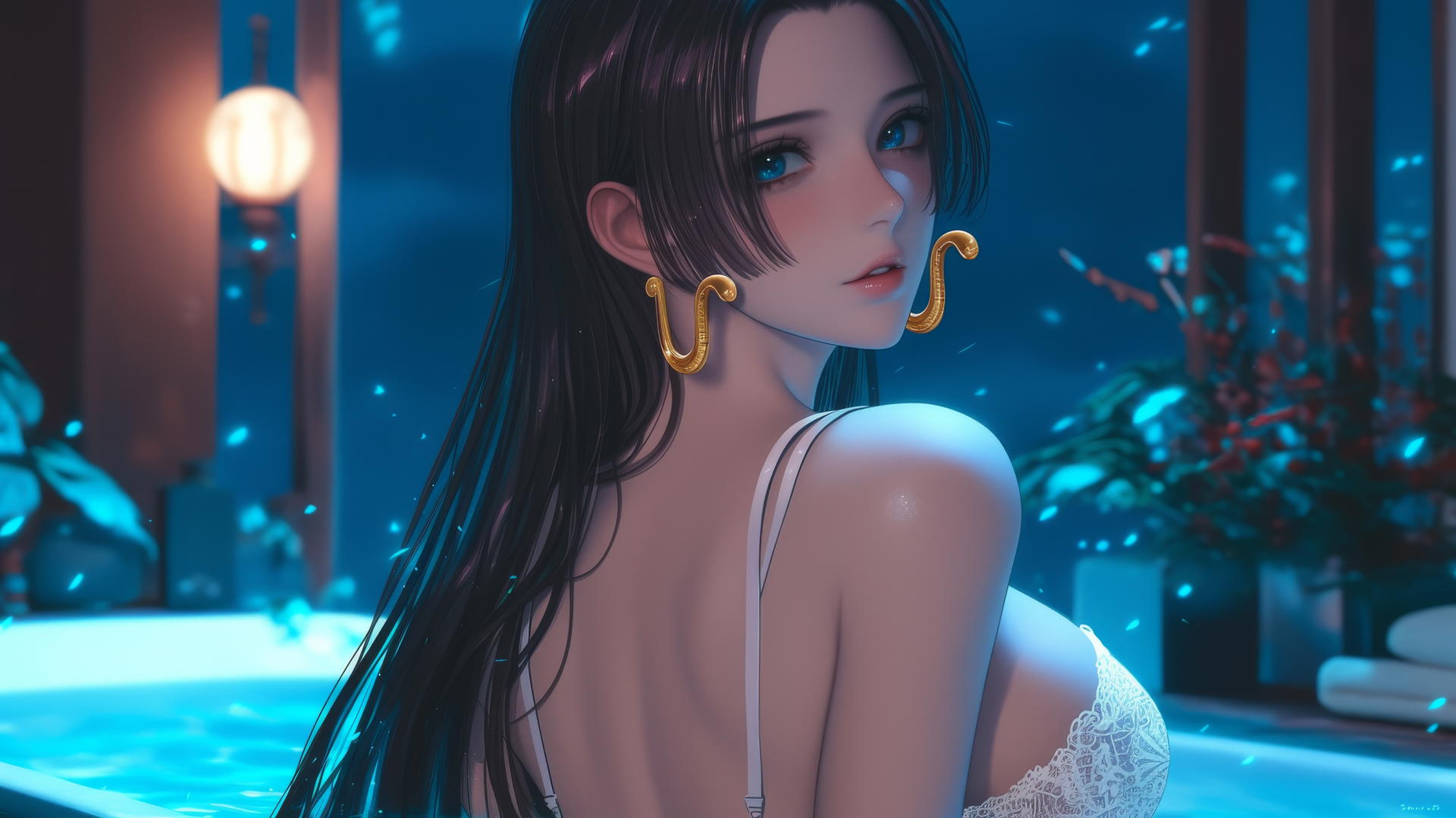 Boa Hancock from One Piece in white, at modern apartment tub at sunrise