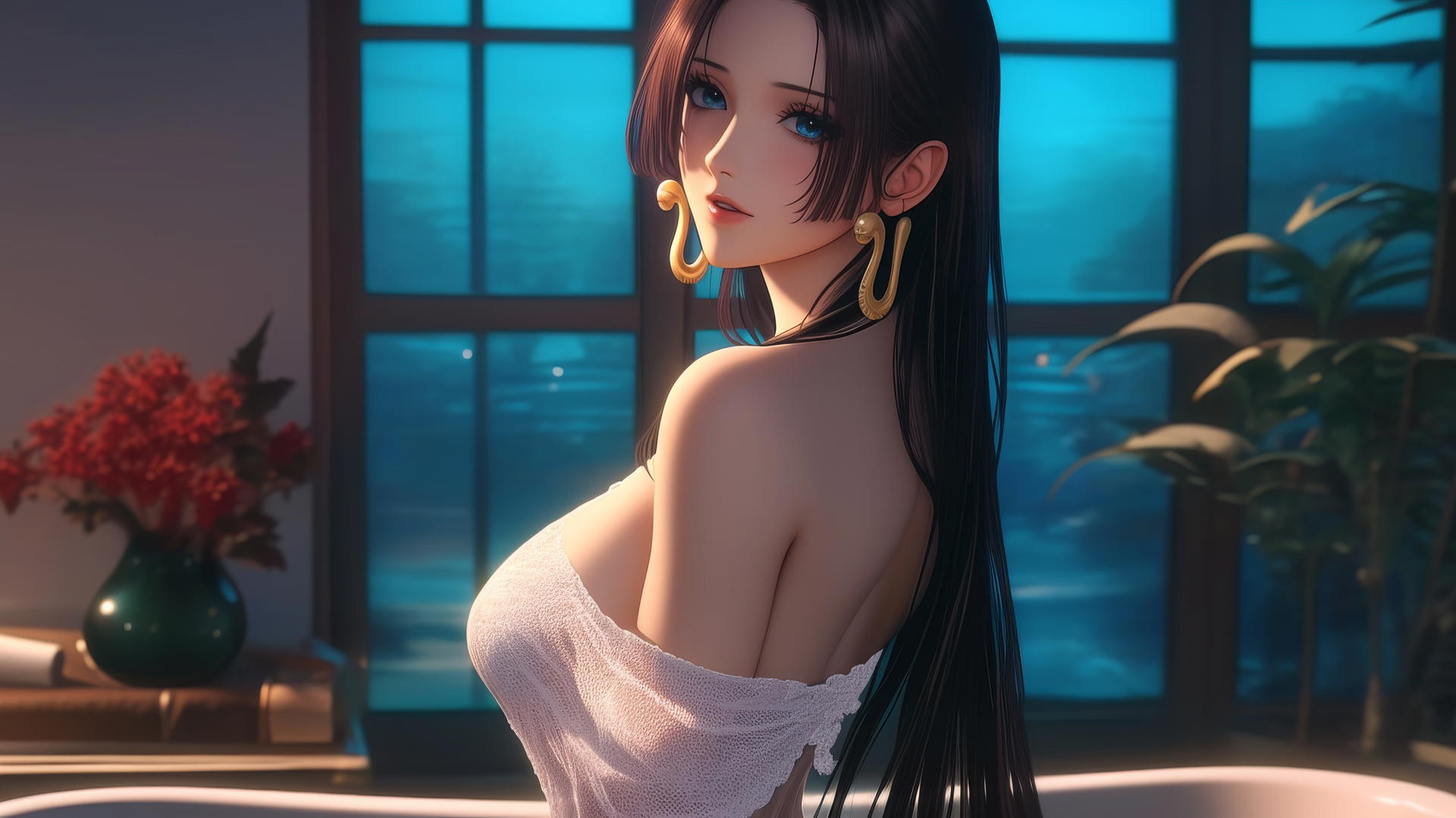 Boa Hancock from One Piece in a white outfit in a modern apartment tub at sunrise