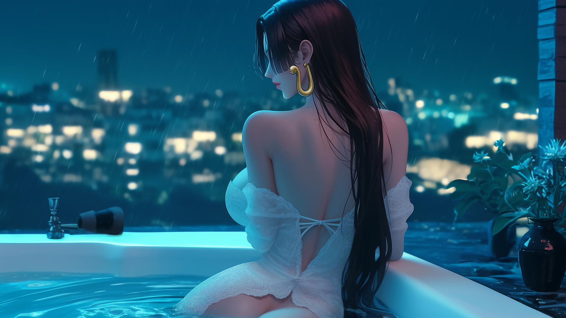 Boa Hancock from One Piece in white, viewed from behind in a modern apartment tub at sunrise.