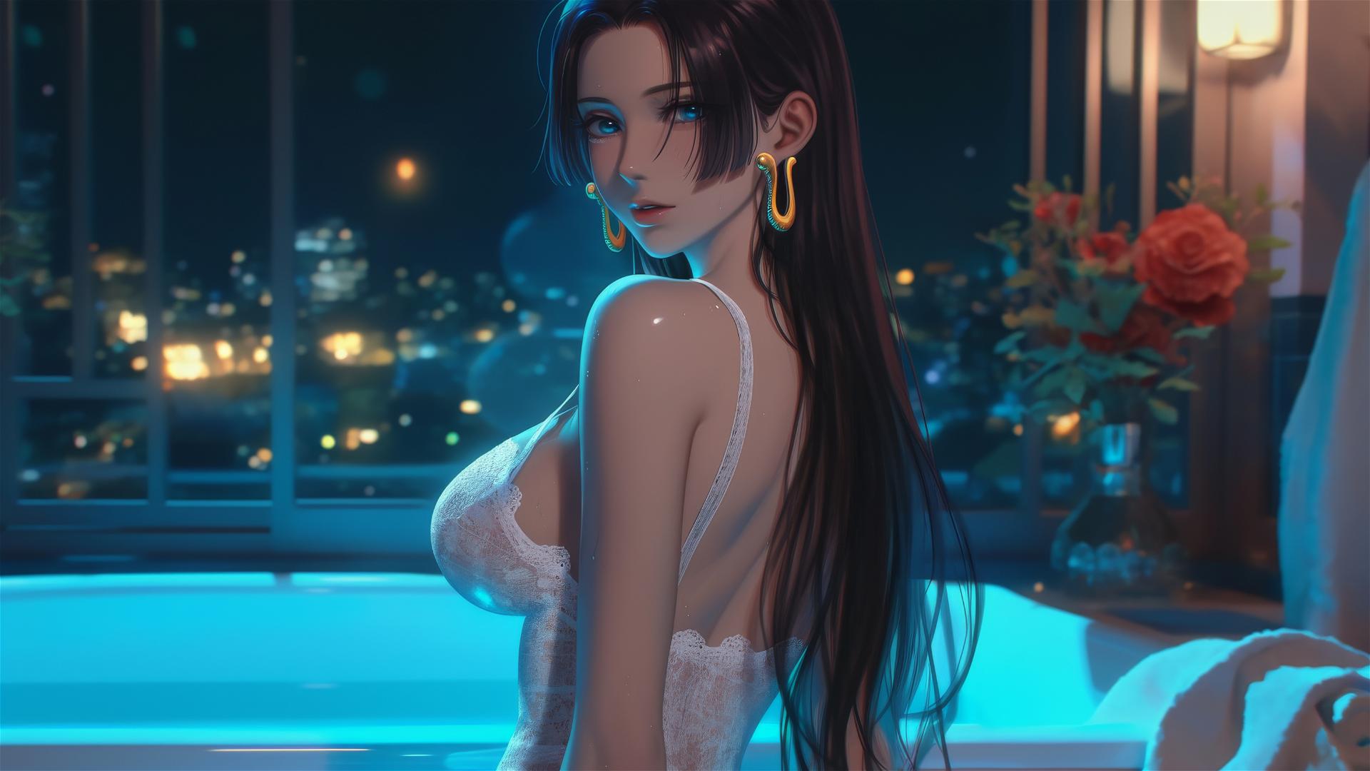 Boa Hancock from One Piece at sunrise in a modern apartment