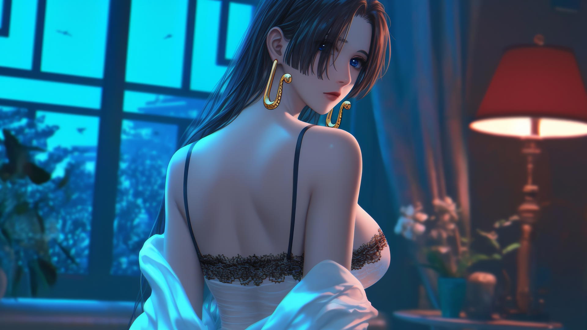 Boa Hancock from One Piece, viewed from behind, in a modern hotel room with neon light glow.