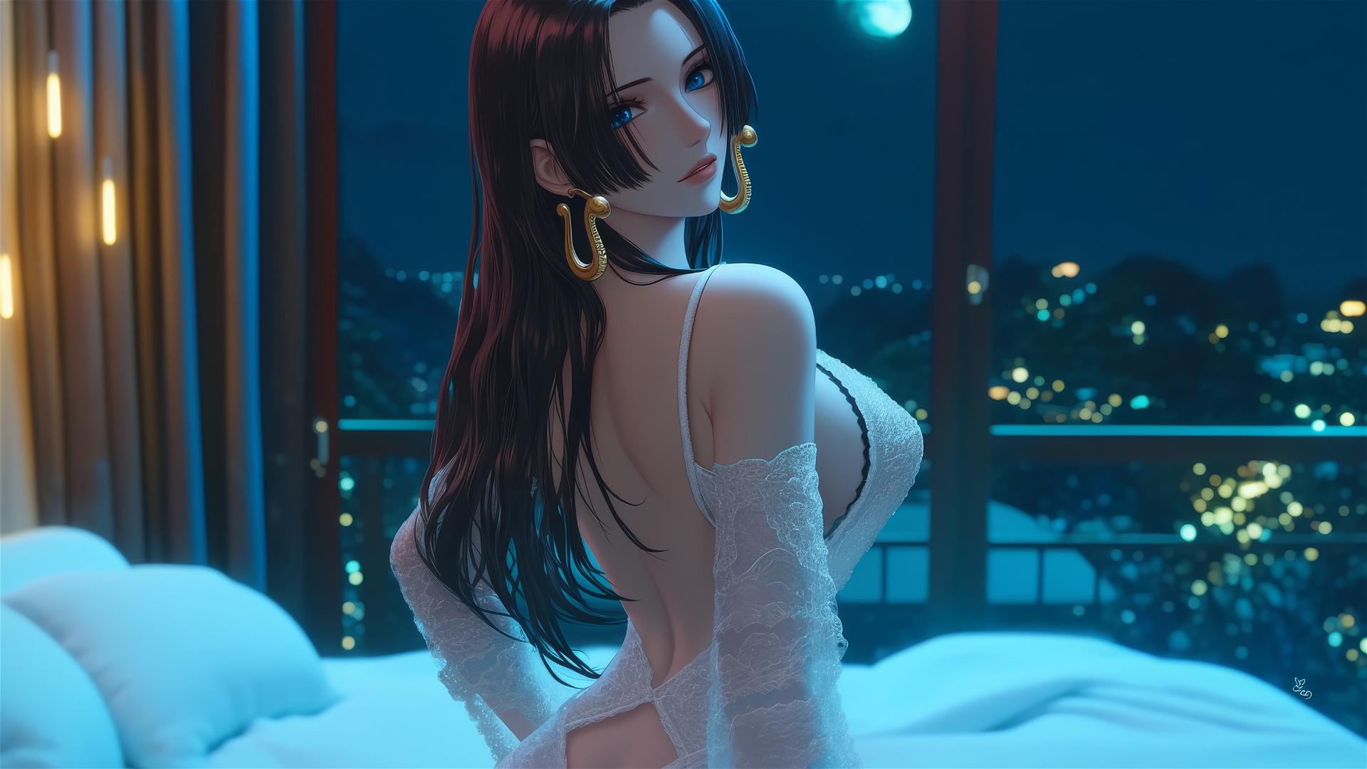 Boa Hancock from One Piece in white attire, viewed from behind in a modern hotel room with neon light glow.