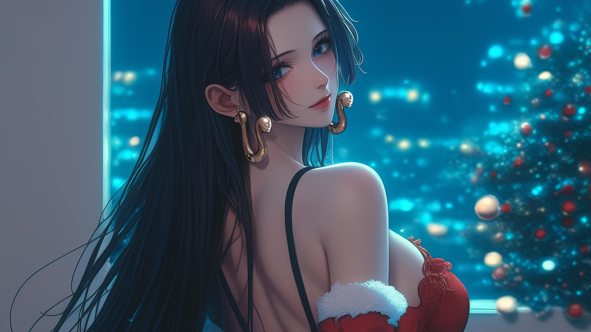 Boa Hancock looking away in a modern Christmas-themed hotel room