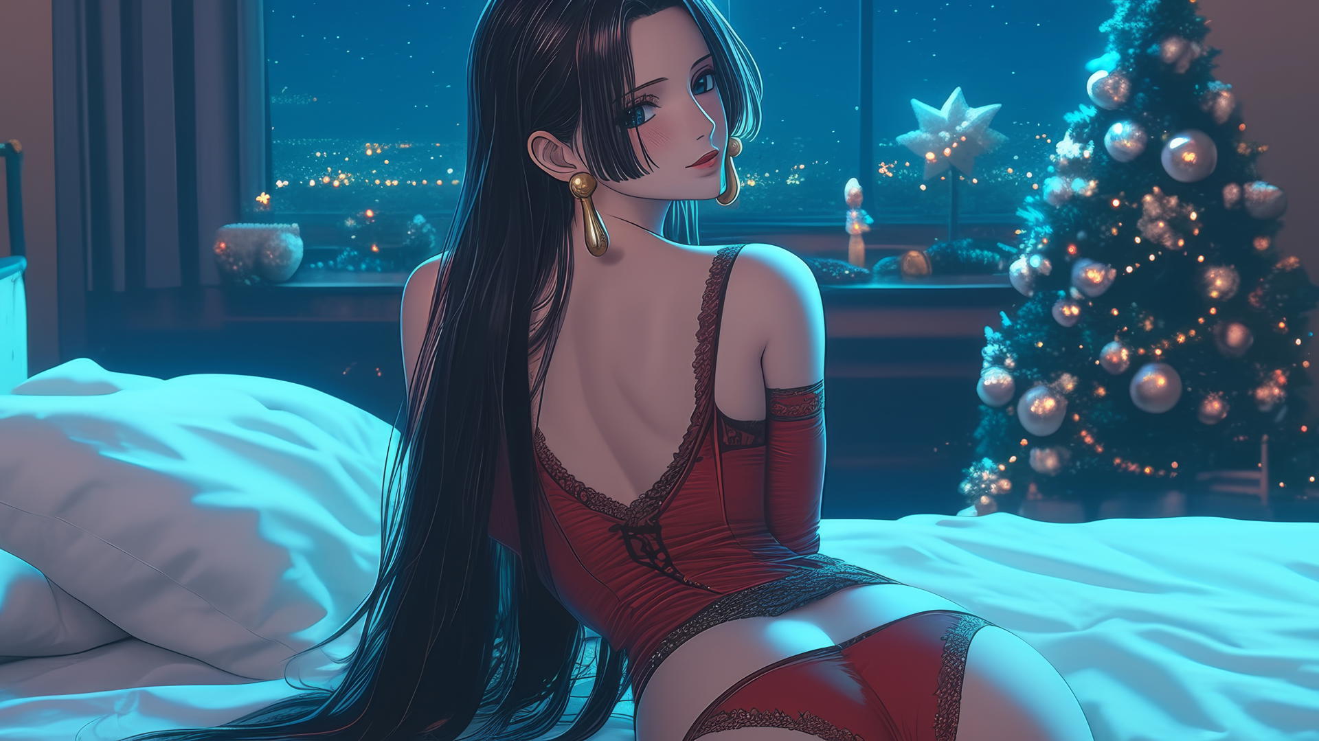 Boa Hancock from One Piece in creative red Christmas costume, in modern holiday-themed hotel room with decorations, neon glow.